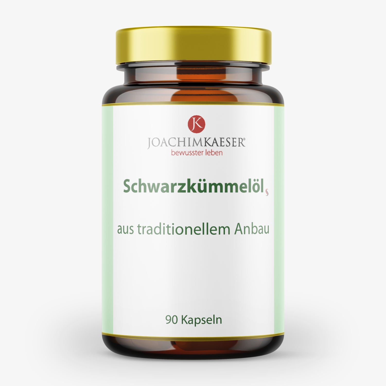 Braunes Fläschchen mit goldfarbenem Deckel, etikettiert als Schwarzkümmelöl-Kapseln, 90 Stück von Joachim Kaeser.