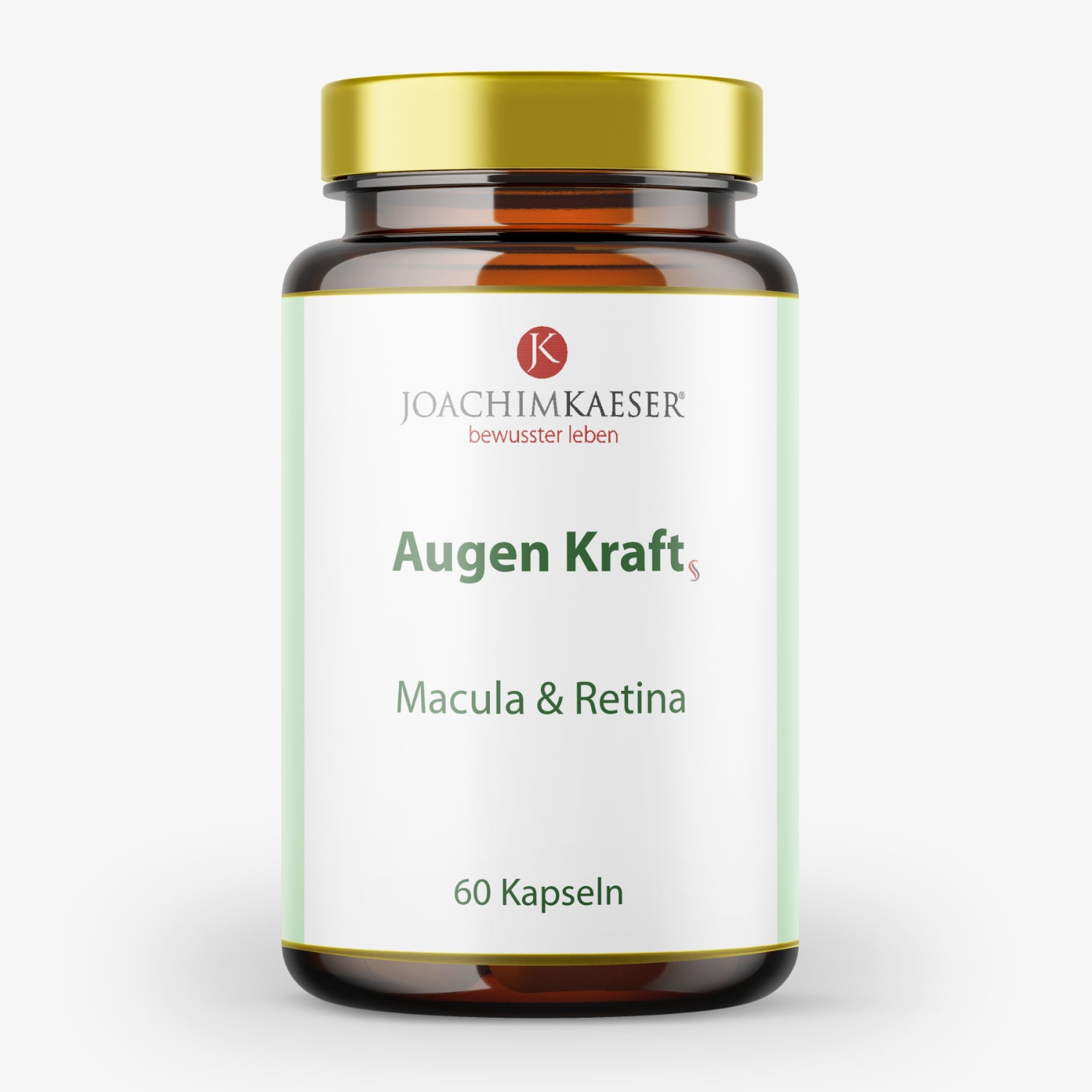 Braunes Glasgefäß mit goldenem Deckel, Etikett "Augen Kraft - Macula & Retina", 60 Kapseln.