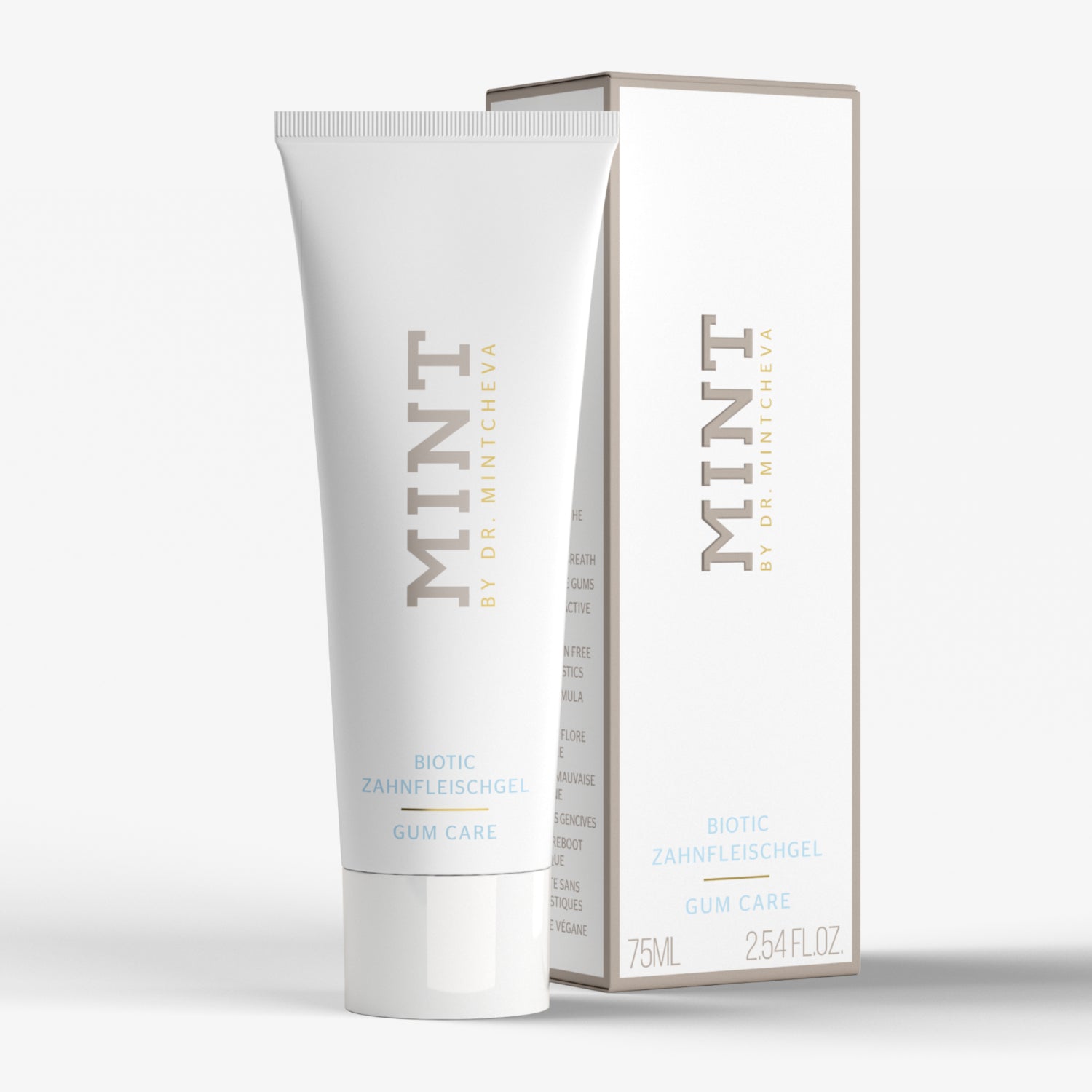 Zahnpflegeprodukt "Mint" in einer Tube und Verpackung, 75 ml.