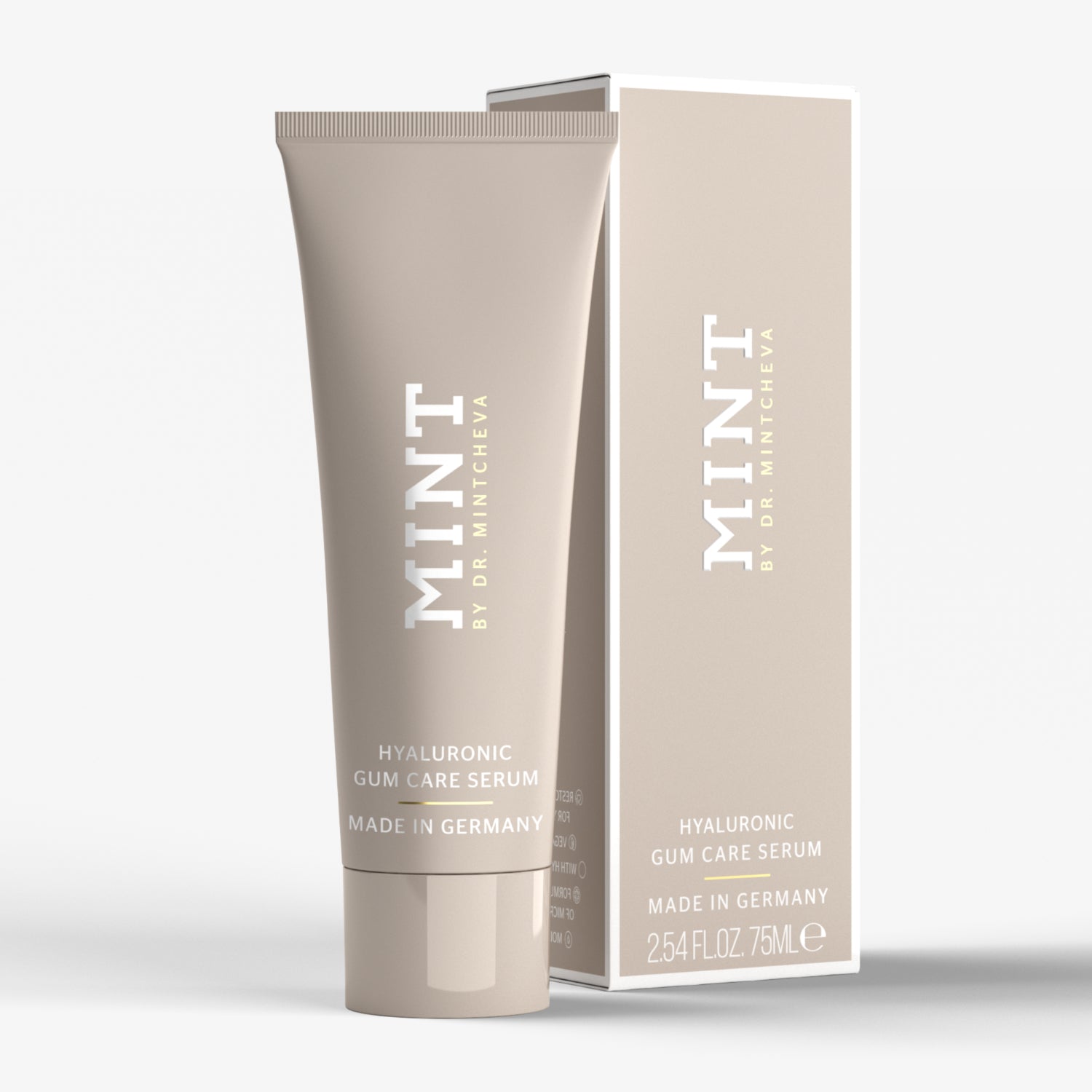 Beige Tube und Schachtel von MINT Hyaluronic Gum Care Serum, hergestellt in Deutschland.