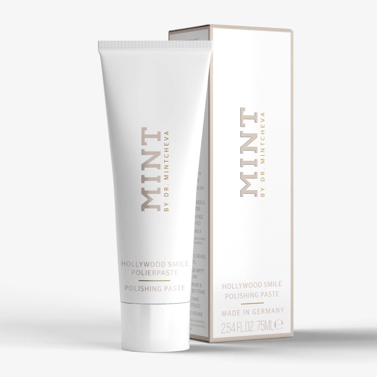 Weiße Tube und Verpackung einer Polierpaste mit der Aufschrift "Mint by Dr. Mintcheva".