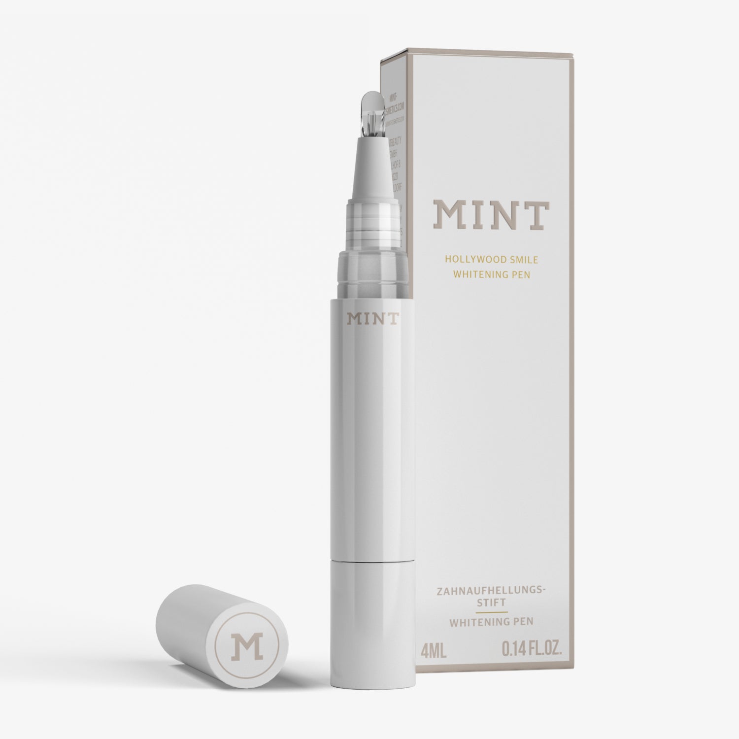Weißer Zahnpflegestift mit MINT-Logo vor passender Verpackung.