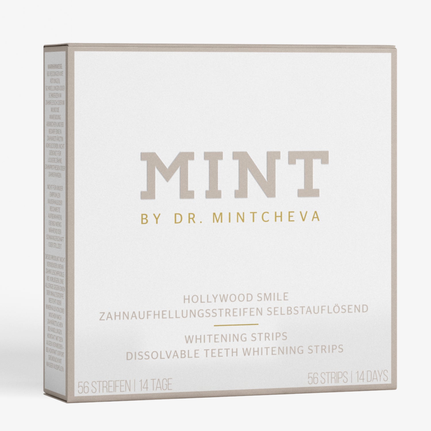 Verpackung von Mint by Dr. Mintcheva mit Zahnaufhellungsstreifen, 56 Streifen für 14 Tage, auf weißem Hintergrund.