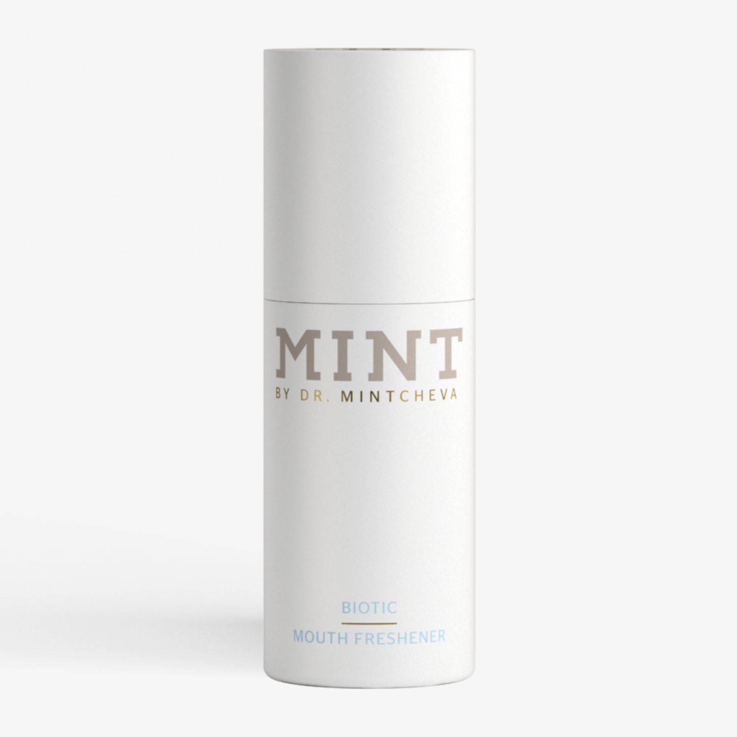 Weiße Flasche mit der Aufschrift "MINT BY DR. MINTCHEVA", darunter "BIOTIC MOUTH FRESHENER".