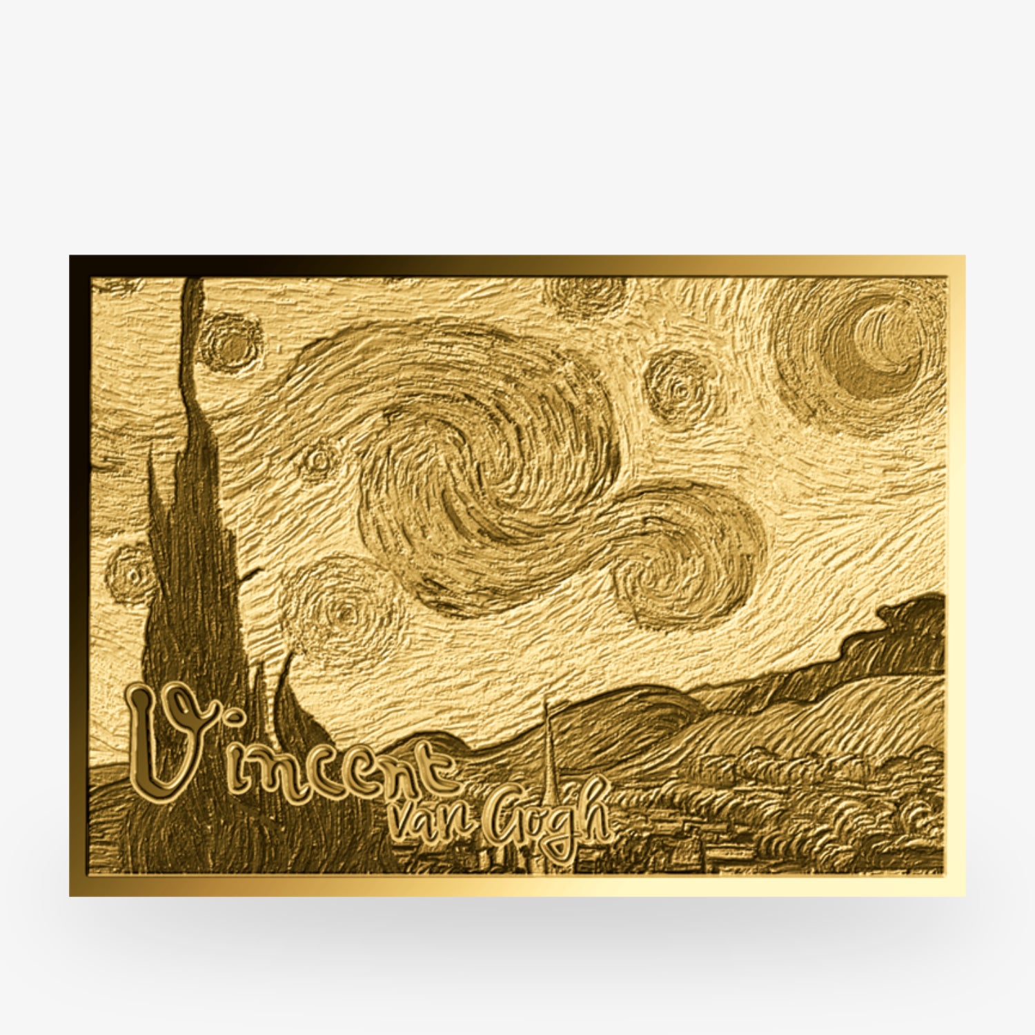 Goldfarbene Prägung von Van Goghs "Sternennacht" mit malerischem Himmel und dorfiger Landschaft.