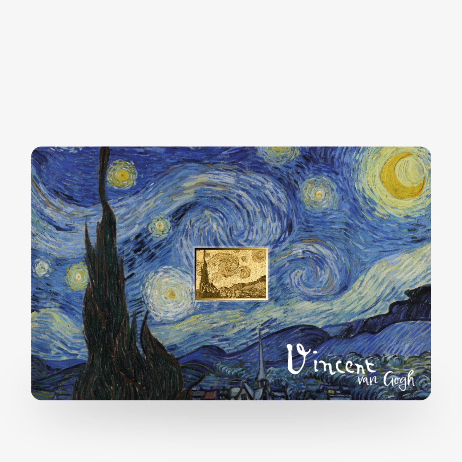 Gemälde "Sternennacht" von Vincent van Gogh mit einem goldenen Rechteck und einer Signatur unten rechts.