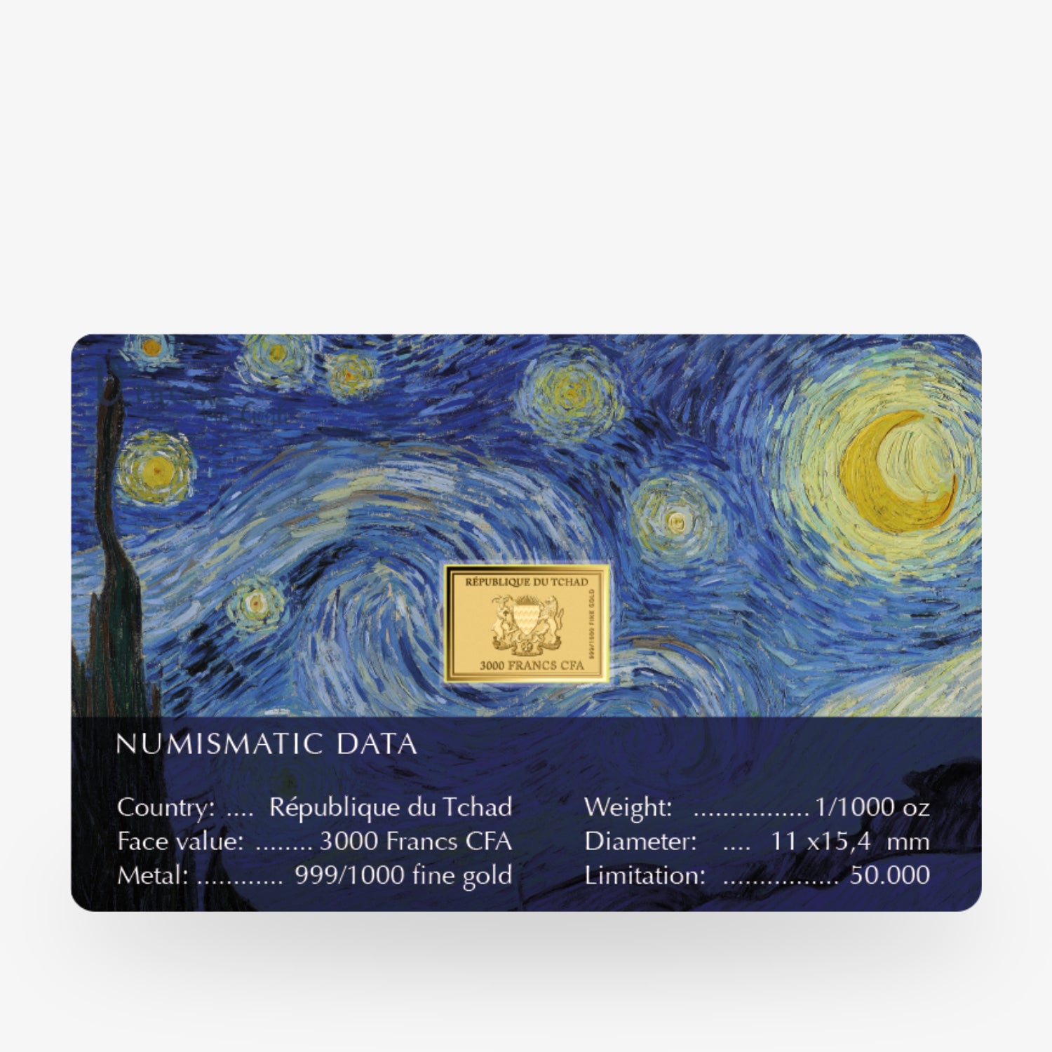 Karte mit van Gogh's "Sternennacht" und numismatischen Daten der Republik Tschad, einschließlich Goldgehalt und Nennwert.