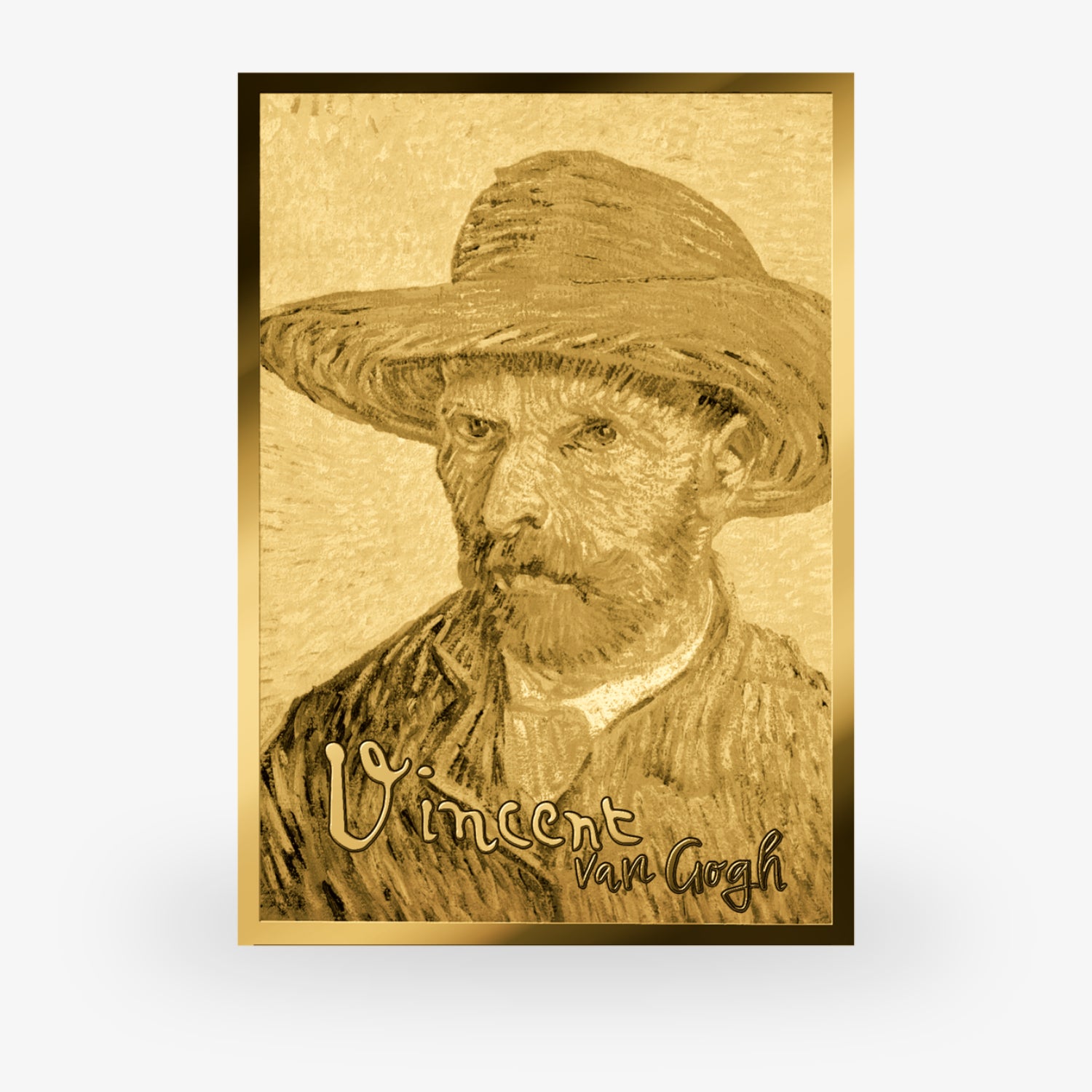 Porträt eines Mannes mit Hut in Sepia, unten der Schriftzug "Vincent van Gogh".
