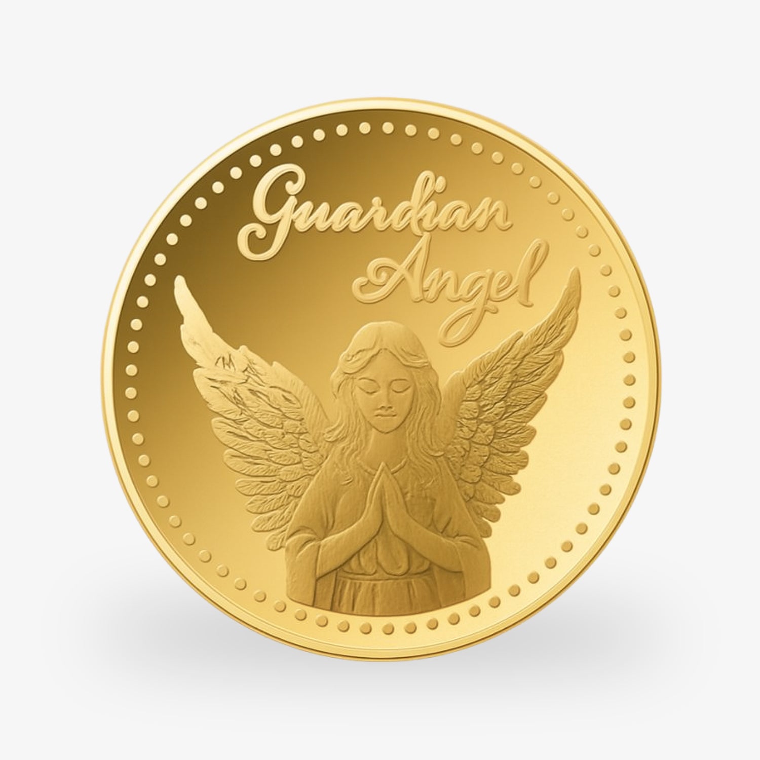 Goldene Münze mit der Aufschrift "Guardian Angel" und dem Bild eines Engels mit gefalteten Händen.