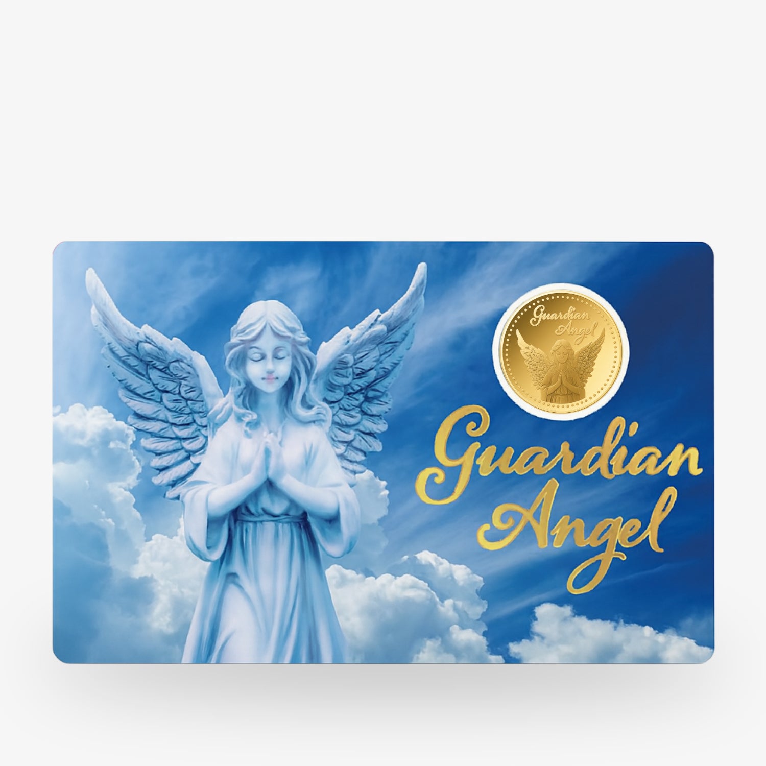 Eine Engelsstatue vor einem wolkigen Himmel, daneben der Text "Guardian Angel" in gelber Schrift.