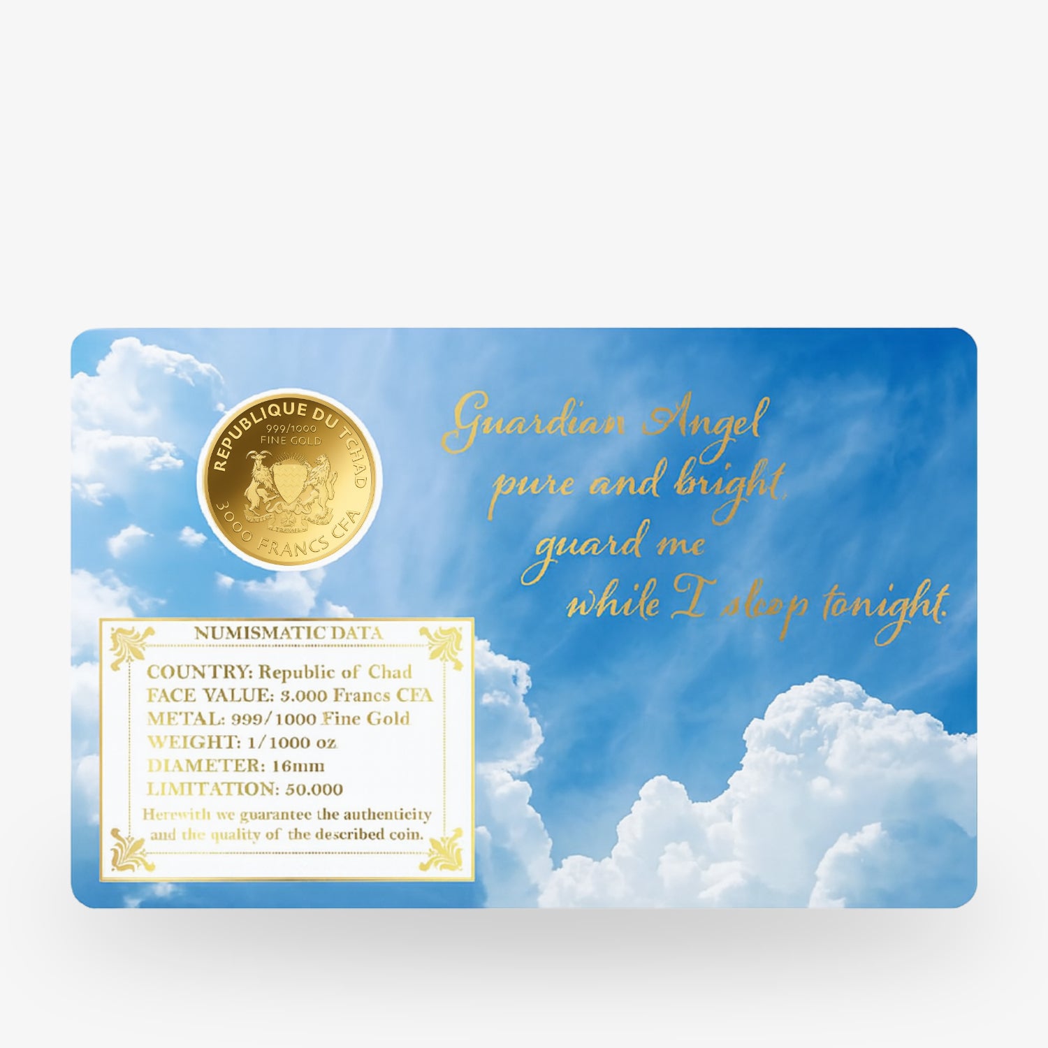 Goldmünze der Republik Tschad auf einem Himmelshintergrund mit Text und numismatischen Daten in englischer Sprache.