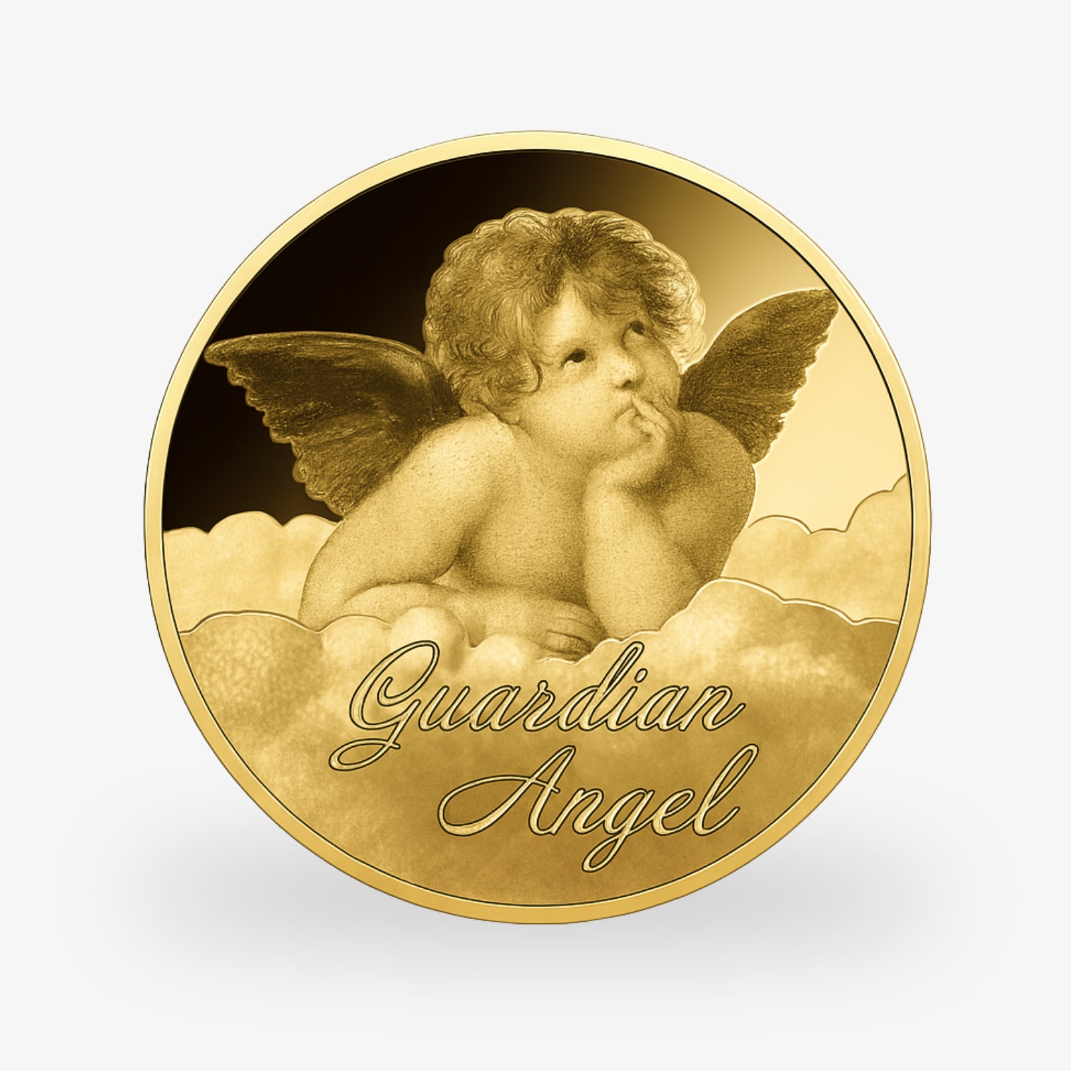 Goldene Münze mit einem Engel, der auf Wolken ruht; darunter der Schriftzug „Guardian Angel“.