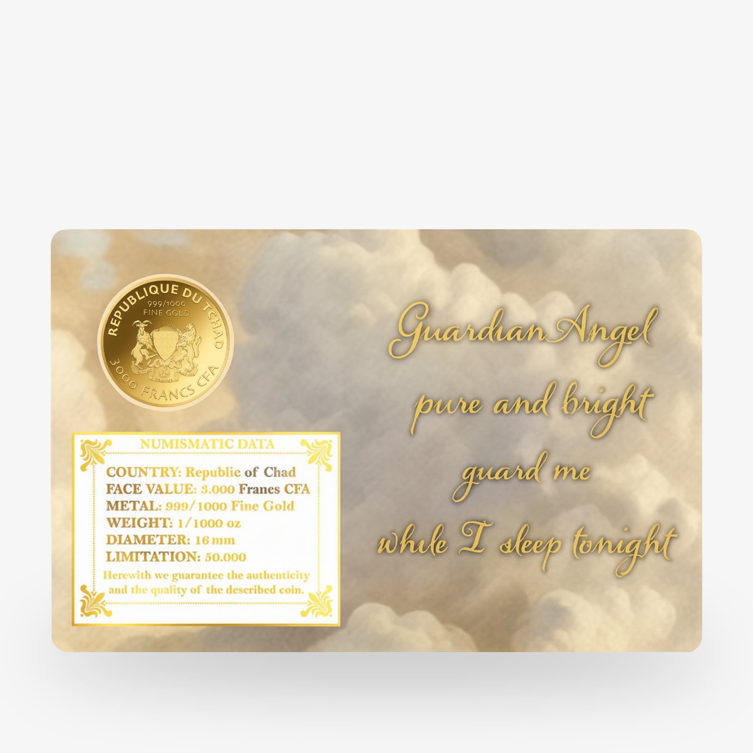 Goldmünze mit Schutzengeltext und numismatischen Daten der Republik Tschad auf wolkigem Hintergrund.