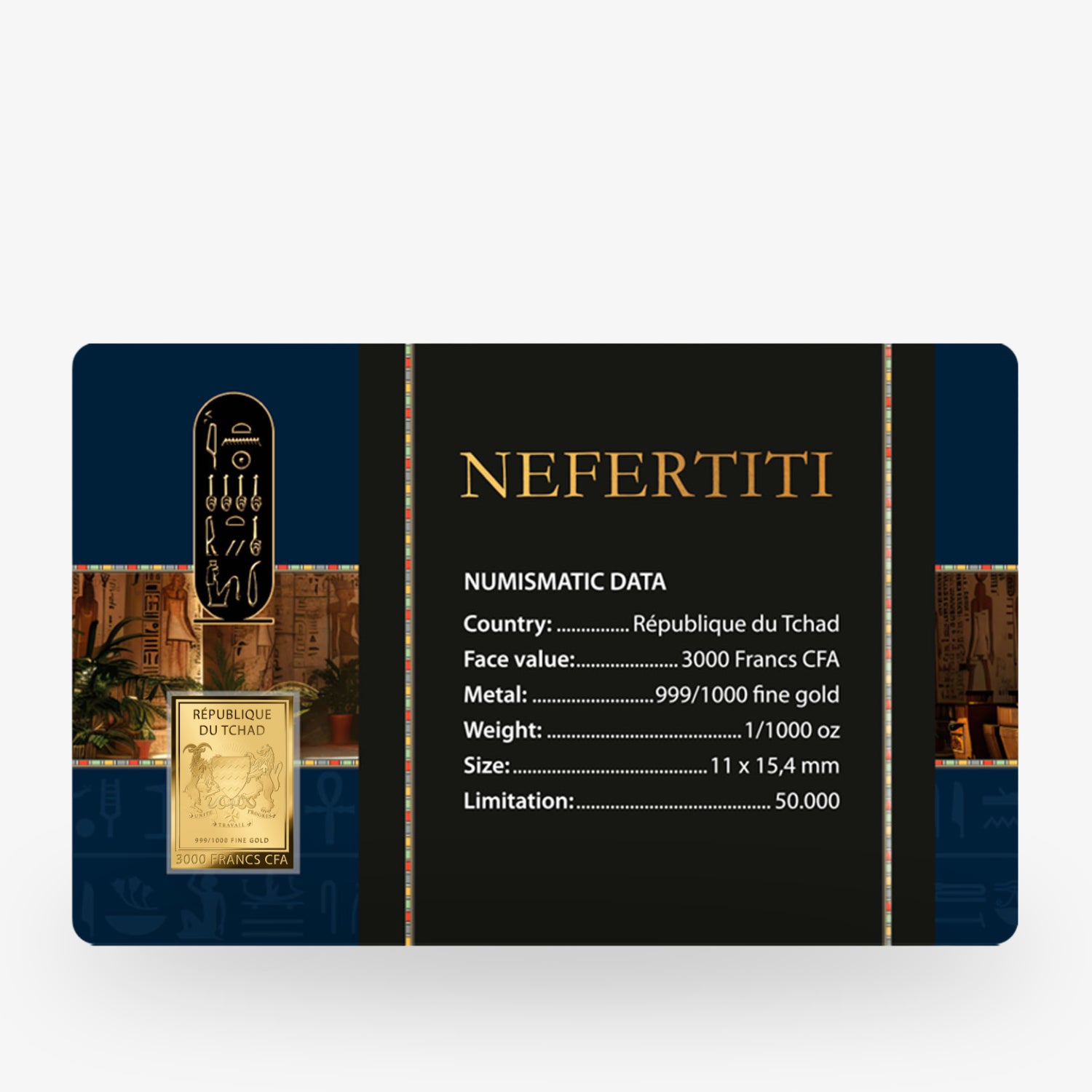 Numismatische Karte mit "Nefertiti", Informationen zu Herkunft, Nennwert, Metall, Gewicht und Limitierung in Französisch.