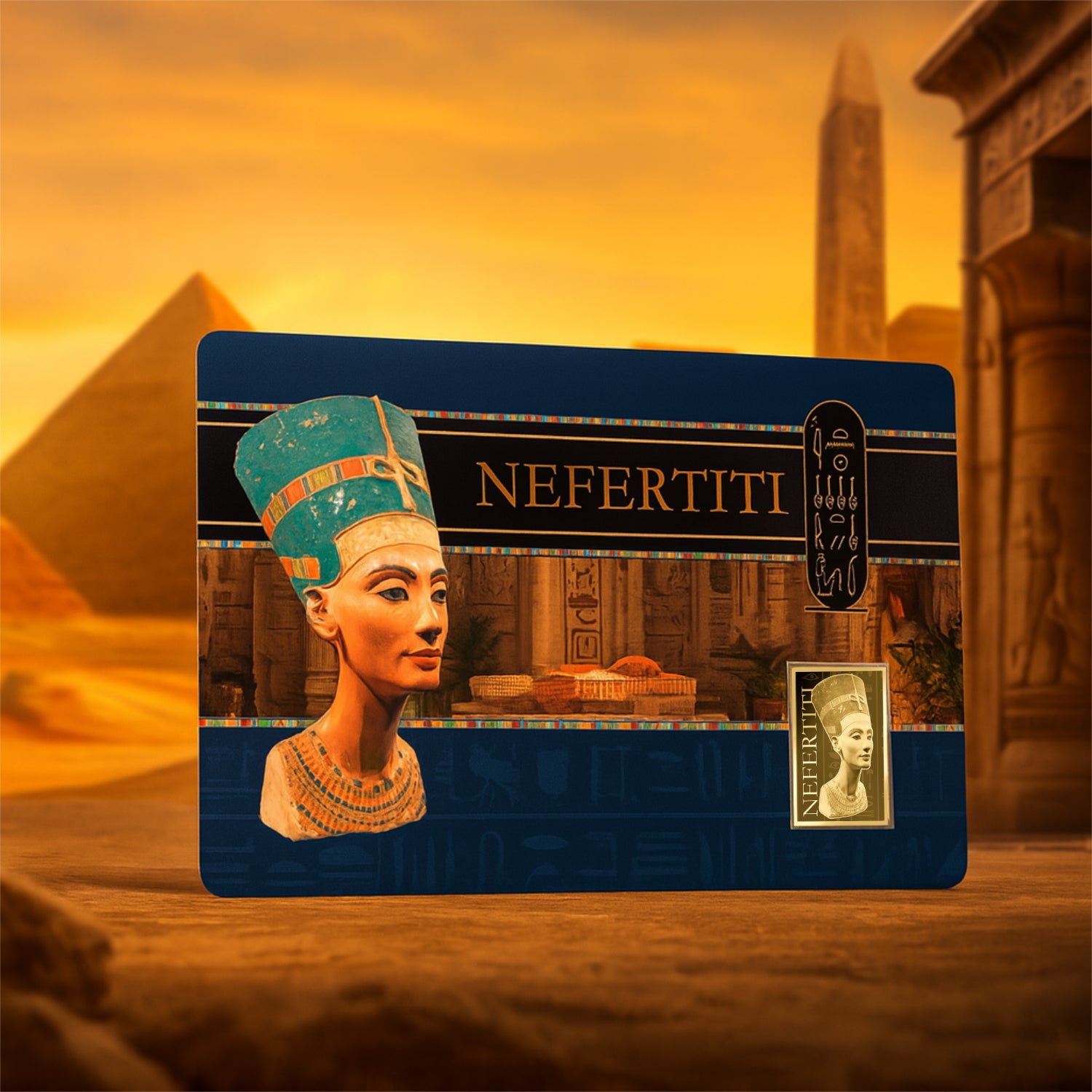 Goldene Karte mit Nofretete-Bild, Pyramiden und Obelisken im Hintergrund bei Sonnenuntergang.