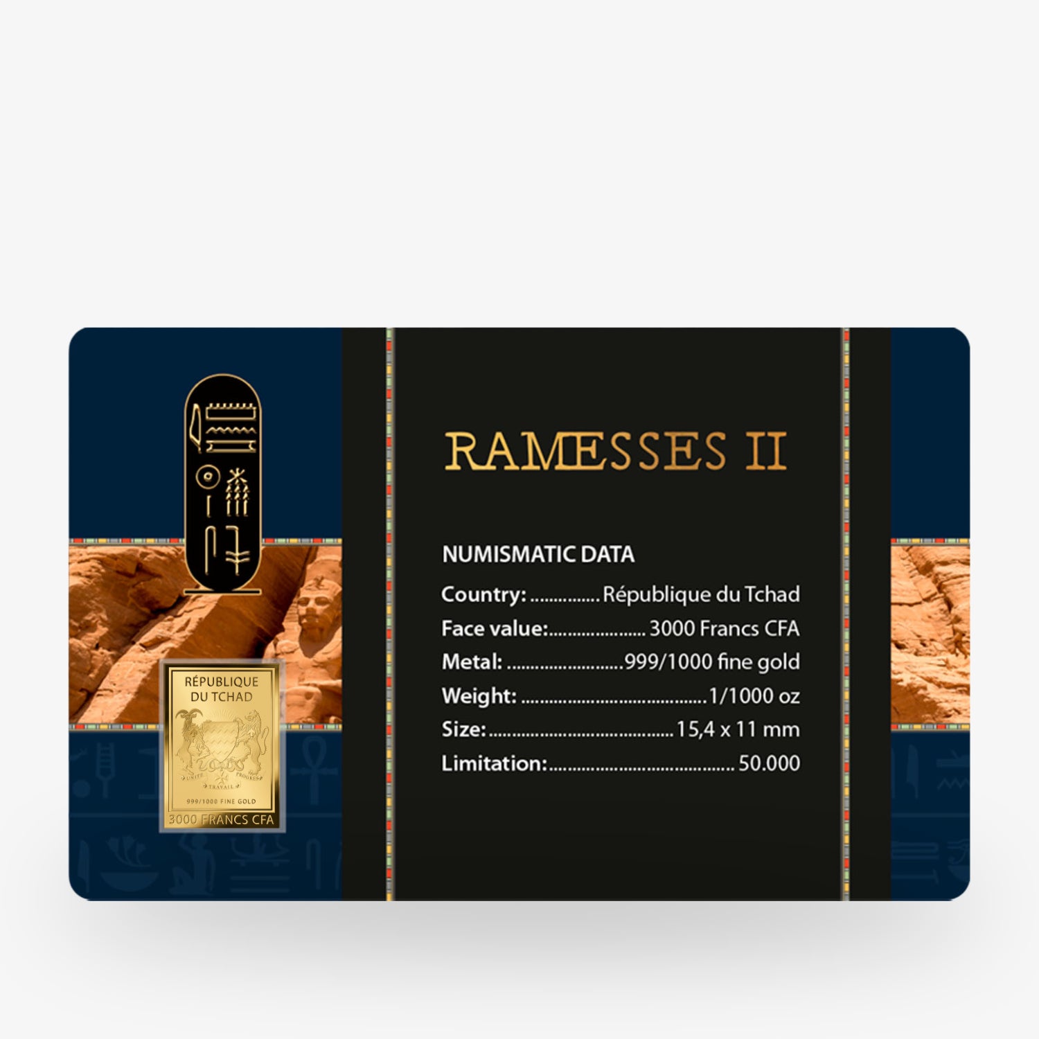 Goldbarren mit der Aufschrift "République du Tchad" und "Ramesses II" sowie numismatischen Daten auf schwarzem Hintergrund.