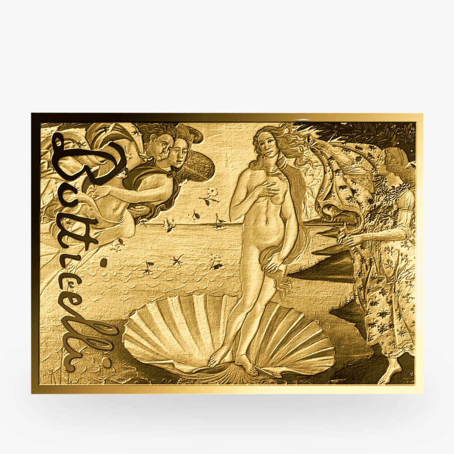 Goldene Gravur von Botticellis "Die Geburt der Venus" auf einer Metallplatte mit dem Schriftzug "Botticelli".