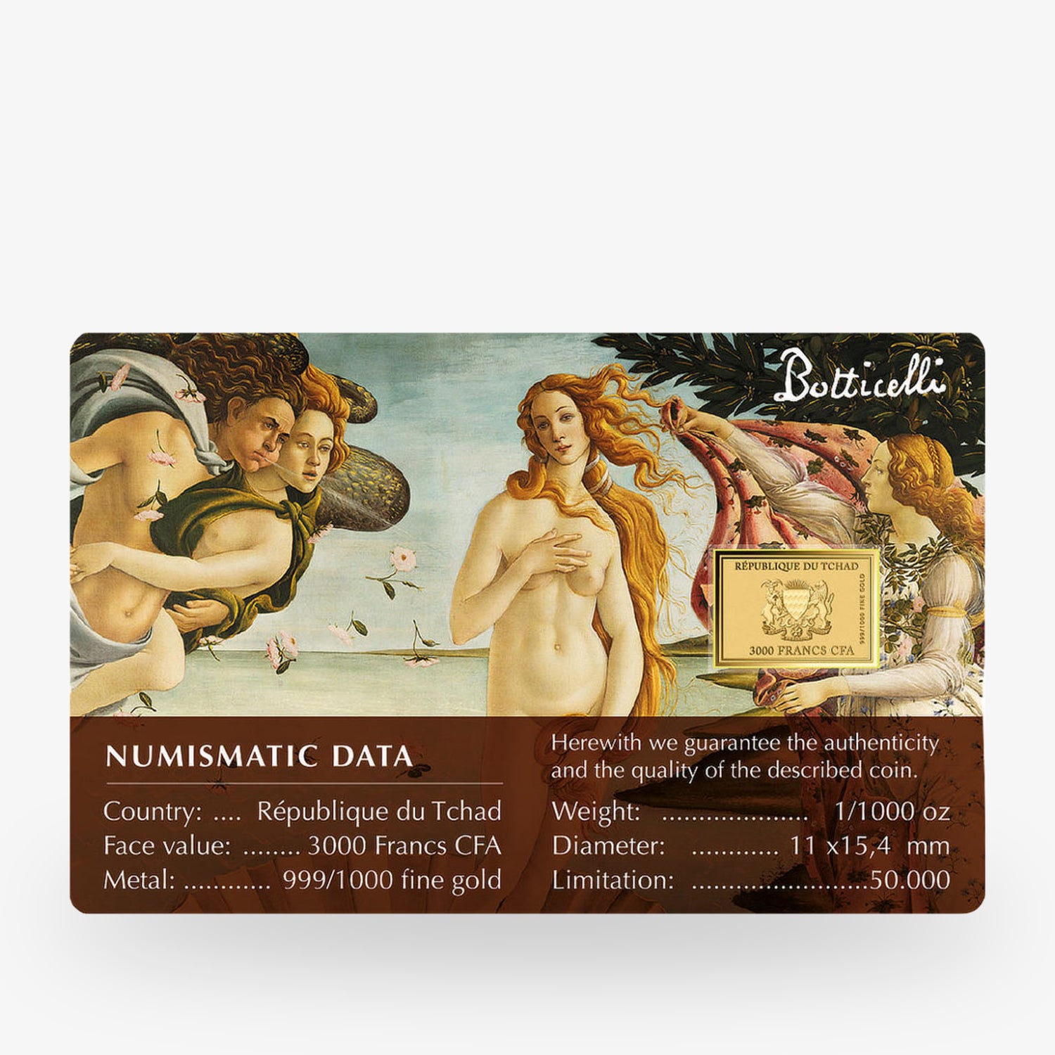 Gemälde "Die Geburt der Venus" mit numismatischen Daten einer Goldmünze aus dem Tschad, Wert 3000 Francs CFA.