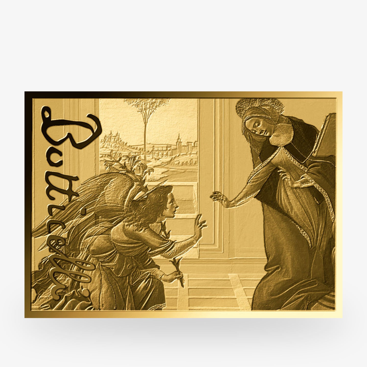 Eine goldene Prägung eines Botticelli-Gemäldes mit einer sitzenden und einer stehenden Figur, links seitlich beschriftet.