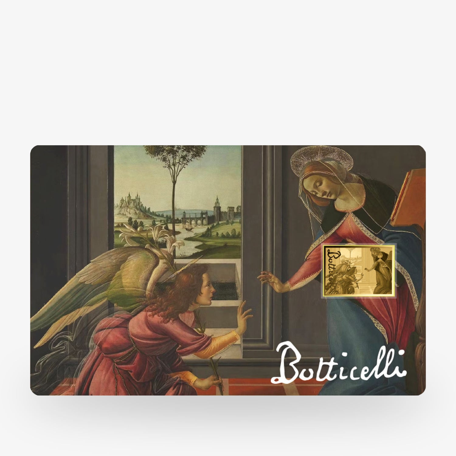 Gemälde in Renaissance-Stil mit einem Engel und einer Frau; rechts unten steht "Botticelli" in Handschrift.