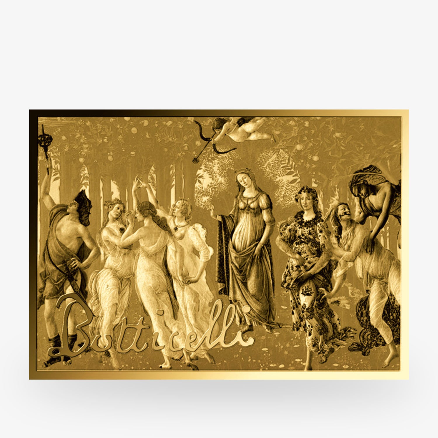 Künstlerische Szene in Sepia-Tönen mit historischen Figuren, botanischem Hintergrund und dem Schriftzug „Botticelli“.