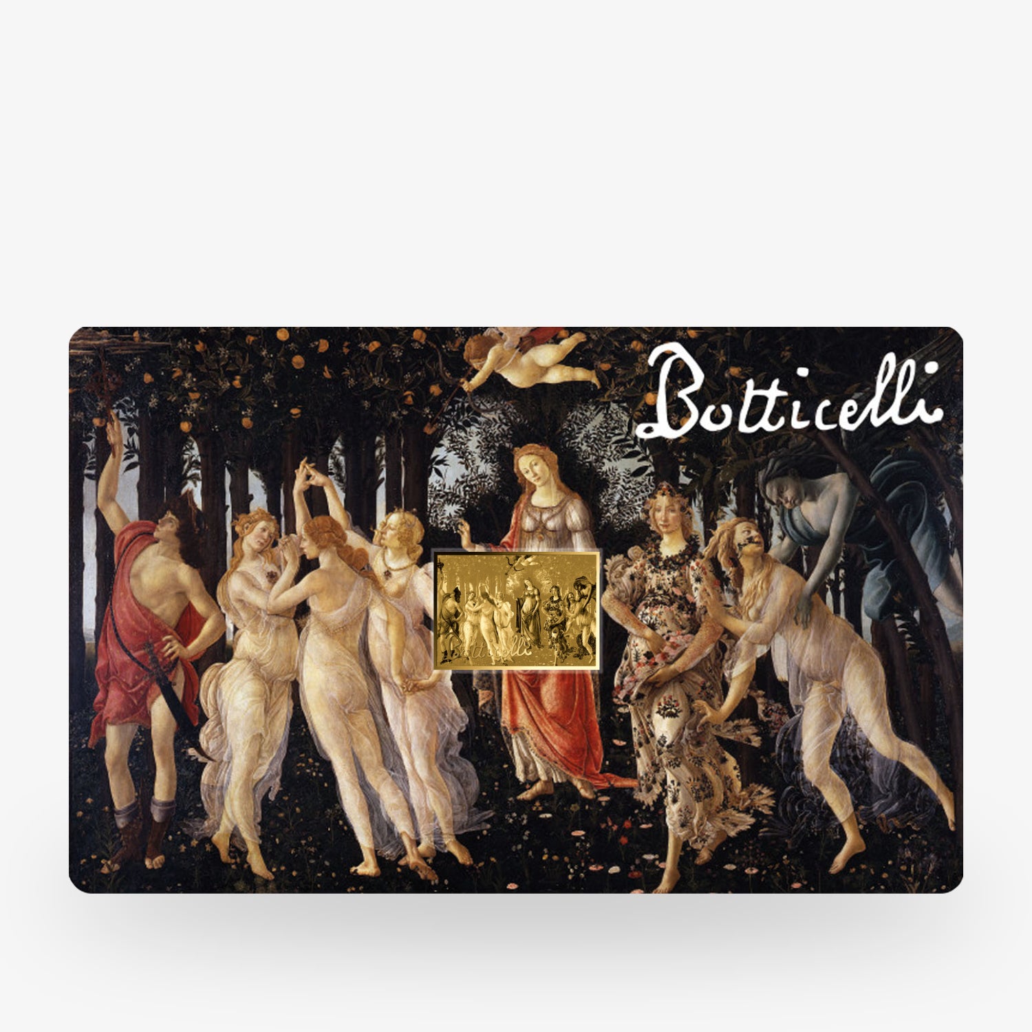 Gemälde "Primavera" von Botticelli, mit tanzenden Figuren in einem Wald; Schriftzug "Botticelli" oben rechts.