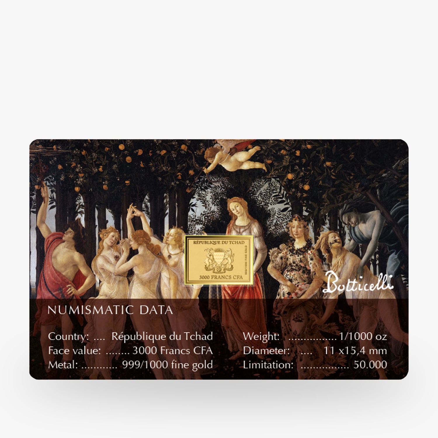 Gemälde von Botticelli mit goldener Münze der Republik Tschad und numismatischen Daten im Vordergrund.