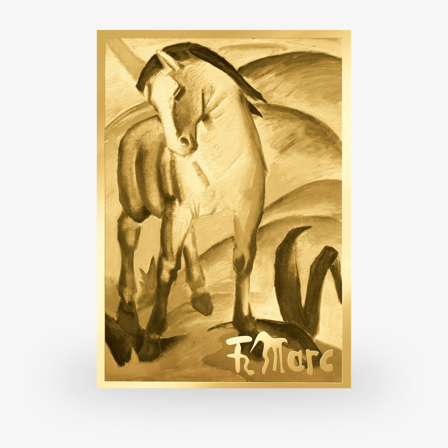 Gemälde eines Pferdes in sanften Goldtönen, mit geschwungenem Hintergrund und Signatur in der unteren Ecke.