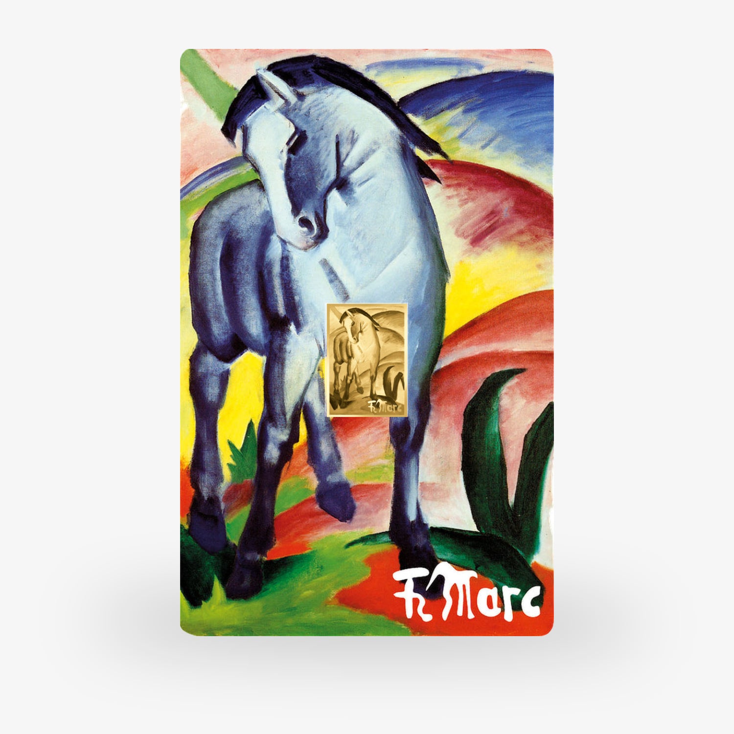 Kunstwerk eines blauen Pferdes vor einem bunten Hintergrund mit einem kleinen Bild in der Mitte.