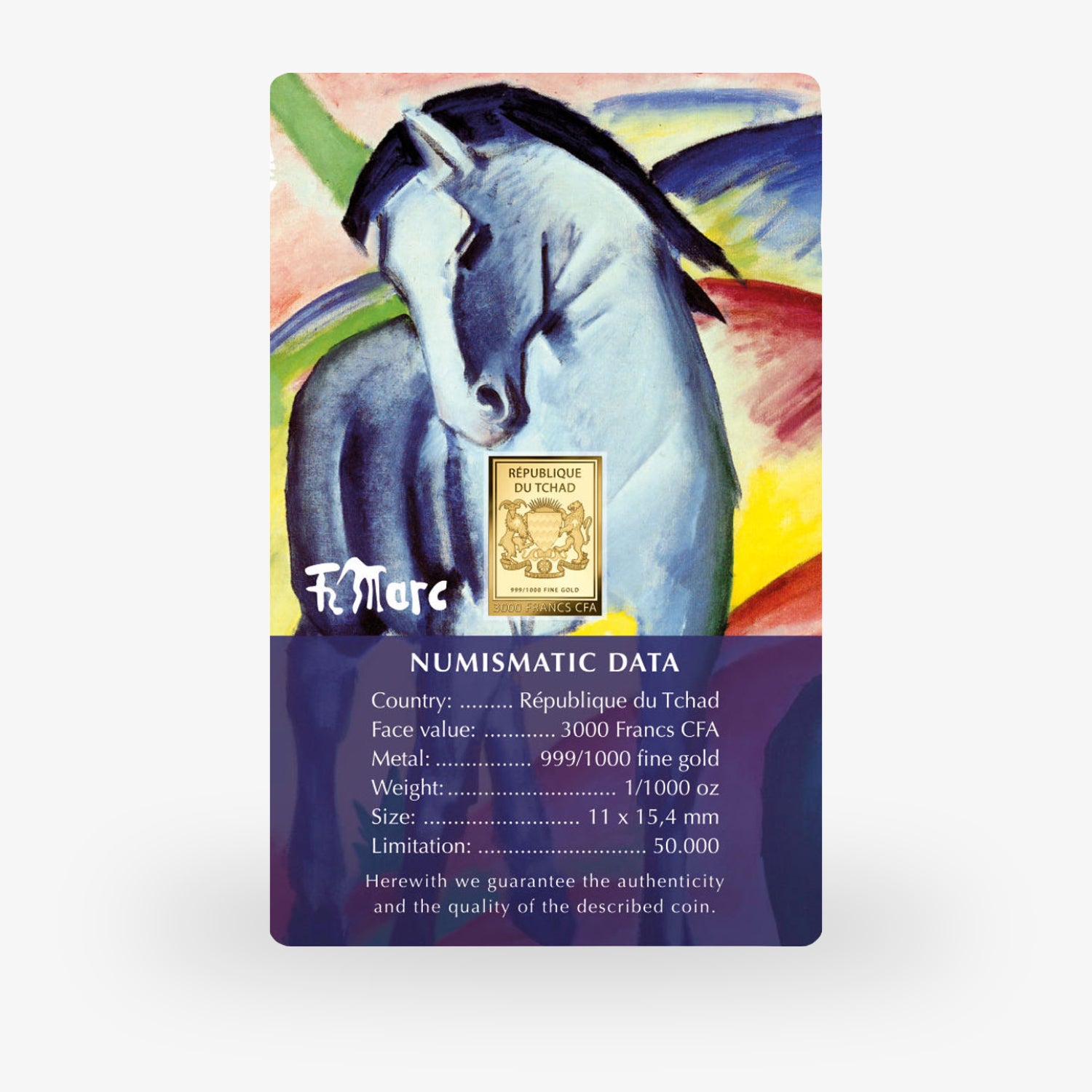 Gemälde eines Pferdes mit Goldbarren, numismatische Angaben unten: Republik Tschad, 3000 Francs CFA, Limitierung: 50.000.