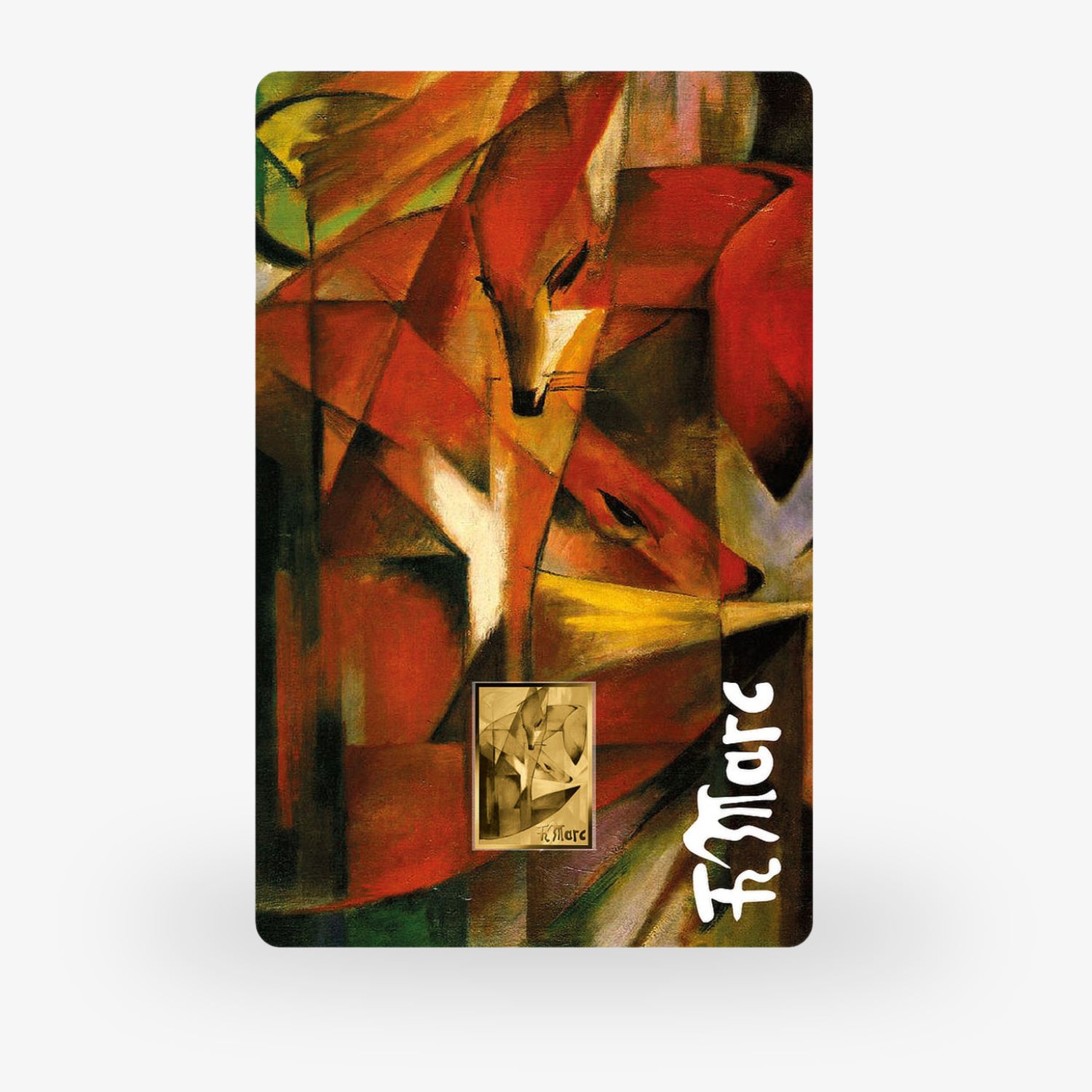 Abstrakte Kunst mit stilisierten erdfarbenen Tierformen und einem zentralen gelben Akzent.