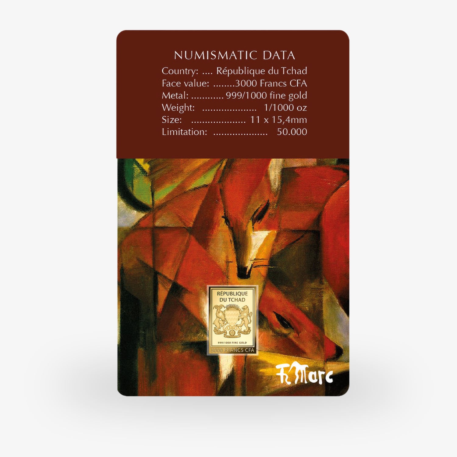 Goldbarren mit abstraktem Fuchsmotiv, numismatischen Daten und Text "République du Tchad" in einem Rahmen.