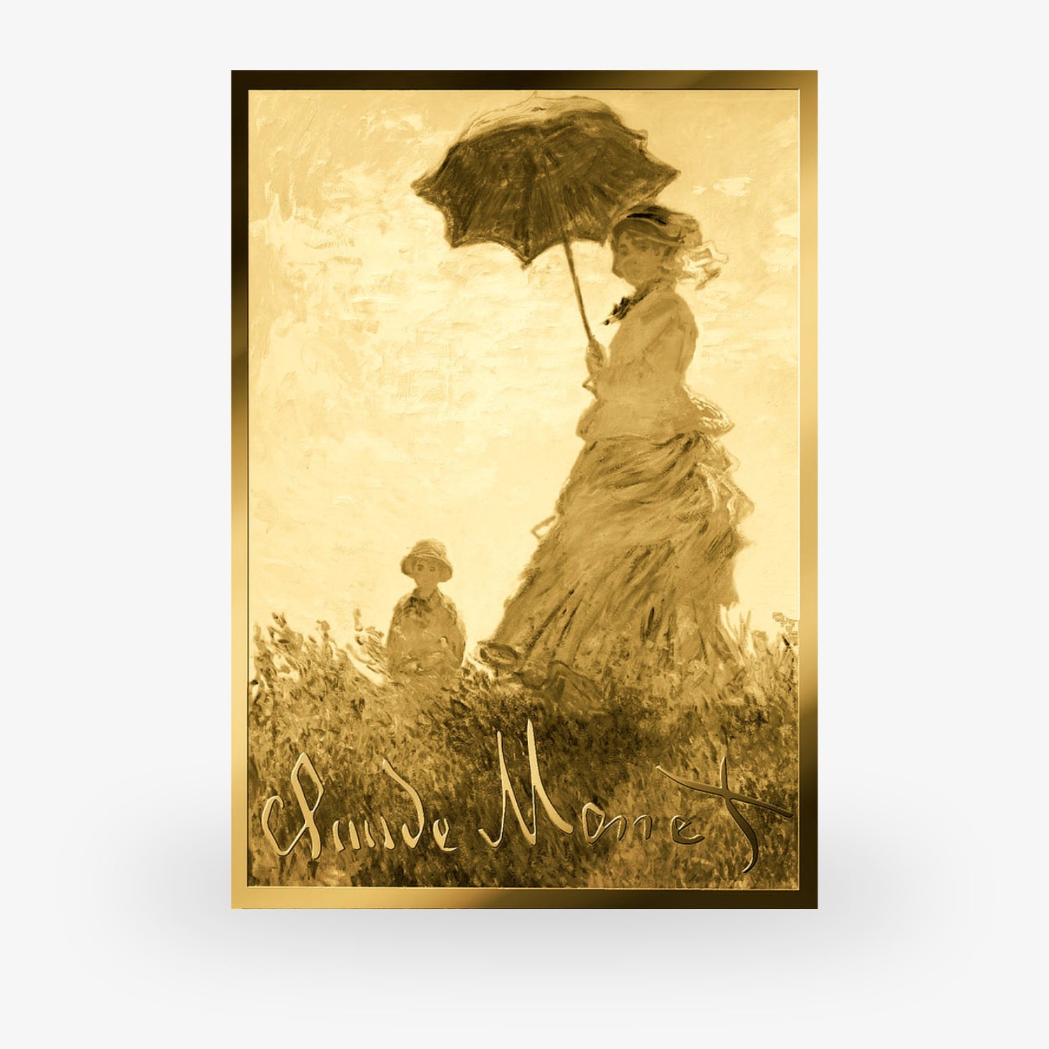 Frau mit Sonnenschirm steht auf einer Wiese neben einem Kind, in einem Gemälde im Impressionismus-Stil.