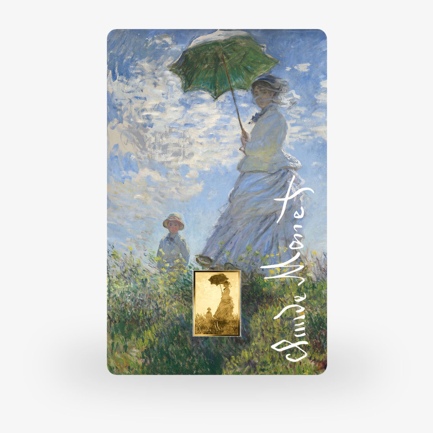 Gemälde von Claude Monet: Eine Frau mit grünem Sonnenschirm und ein Kind stehen auf einer Wiese unter einem bewölkten Himmel.