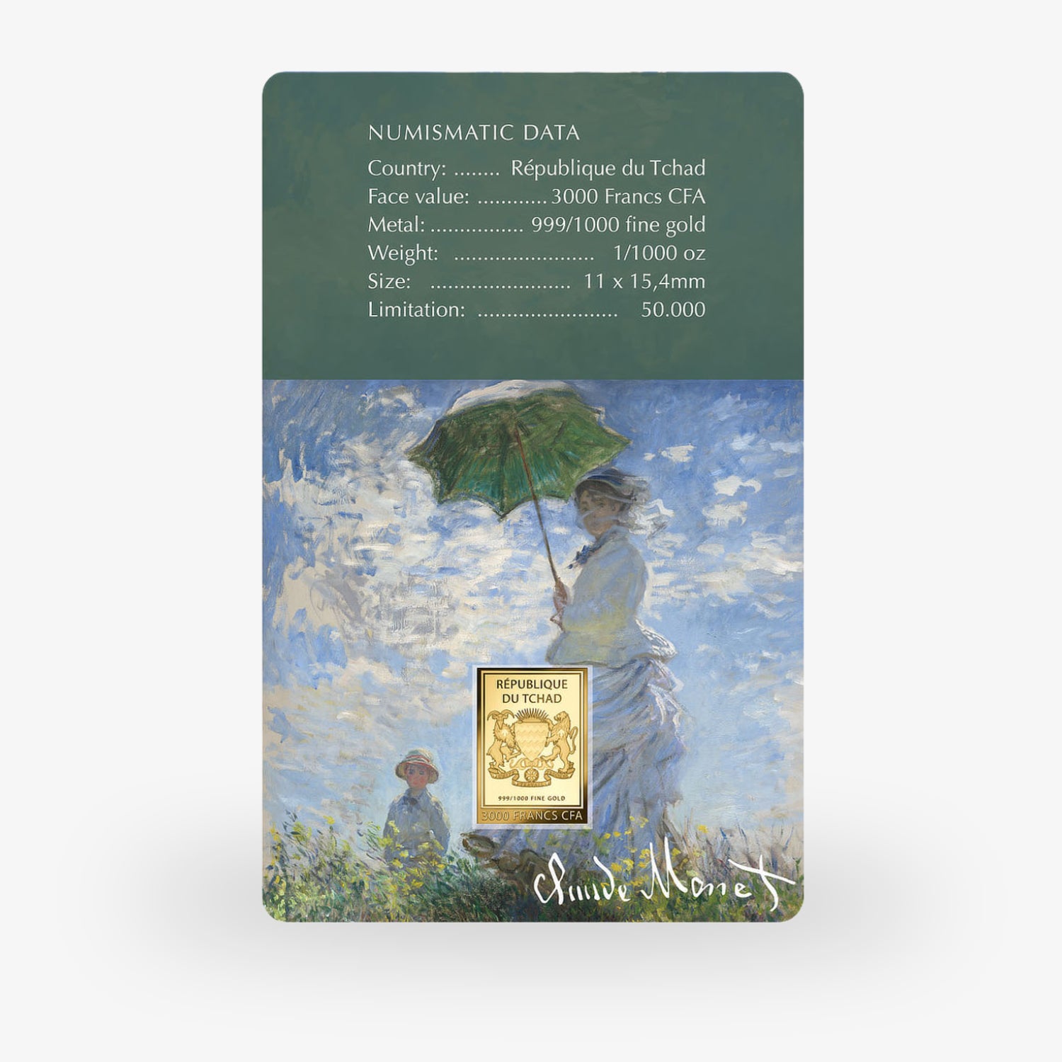 Goldbarrenkarte mit Claude Monets Bild "Frau mit Sonnenschirm", numismatischen Daten und Republik Tschad-Emblem.
