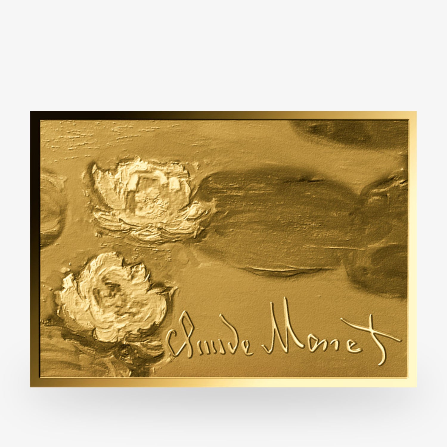 Goldenes Relief eines Sees mit Seerosen, signiert mit "Claude Monet" am unteren Rand.