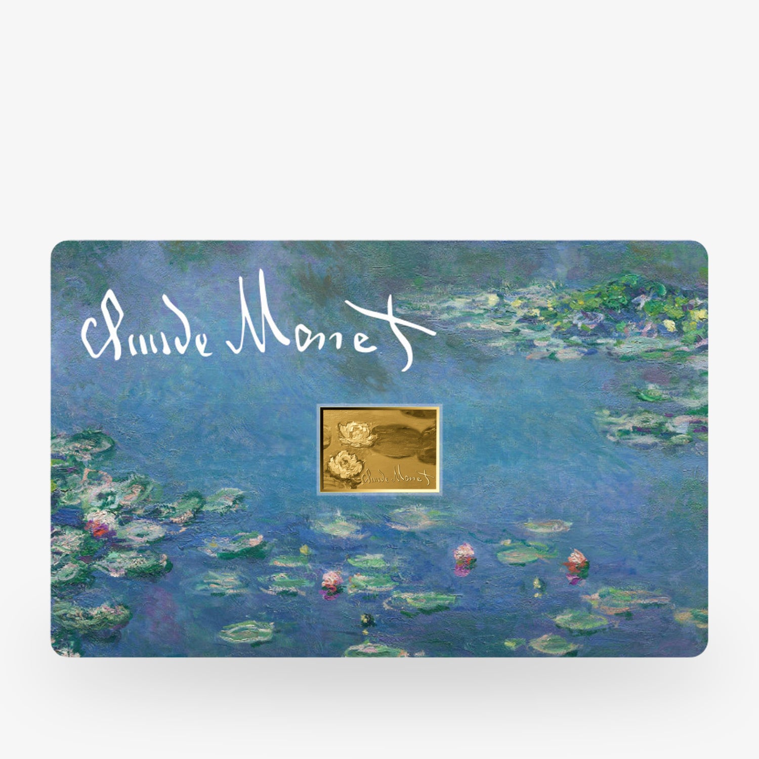 Kunstwerk von Claude Monet mit Seerosen auf blauem Wasser und einem vergoldeten Element in der Mitte.