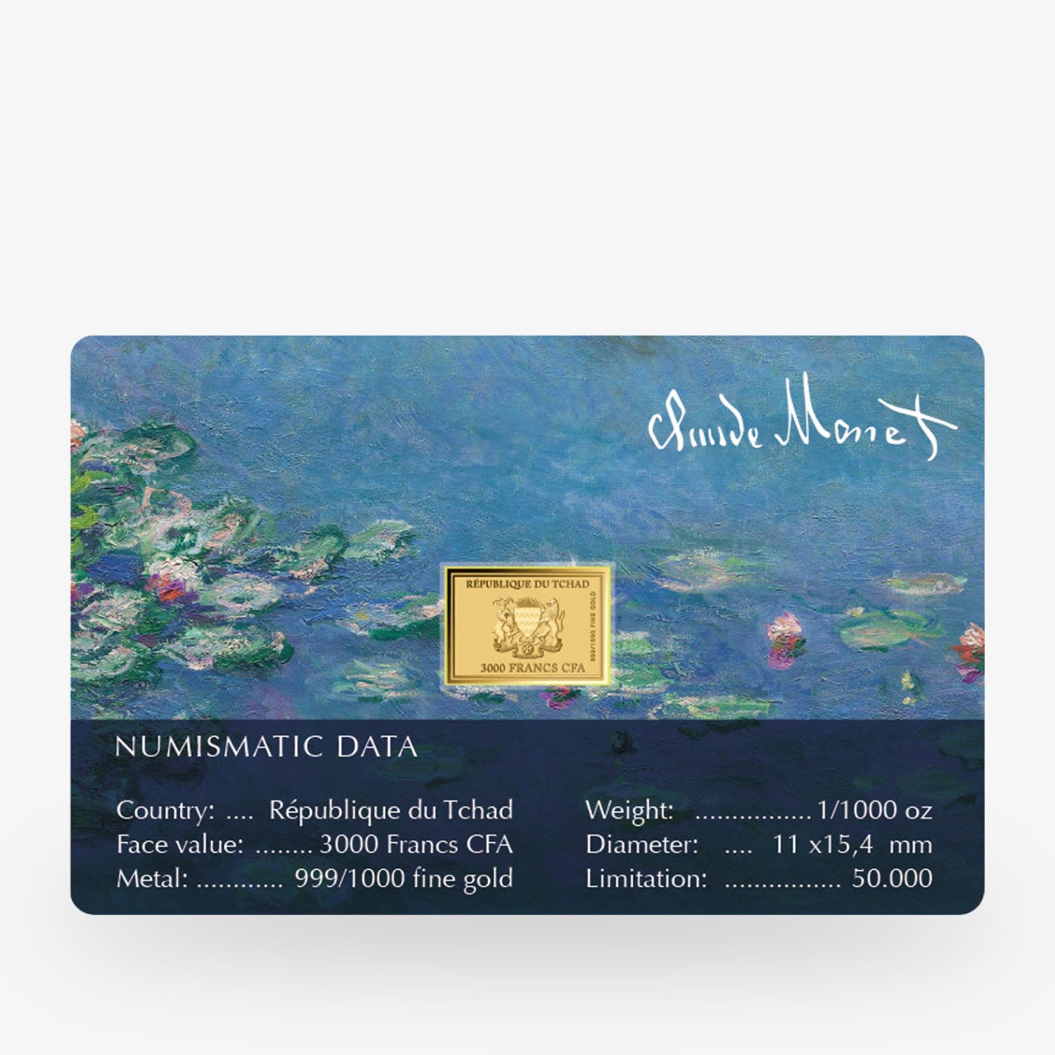 Goldbarrenkarte mit einer Reproduktion von Monets Seerosen und Informationen zur numismatischen Daten.