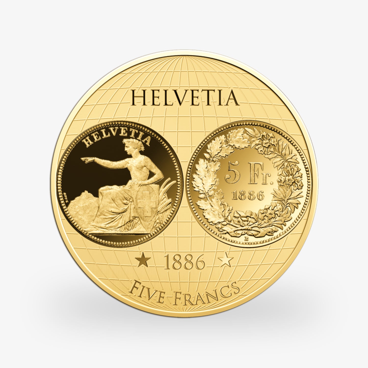 Goldene 5-Franken-Münze mit Helvetia und Eichenlaub-Design, Jahr 1886, auf einer verzerrten Weltkugel.