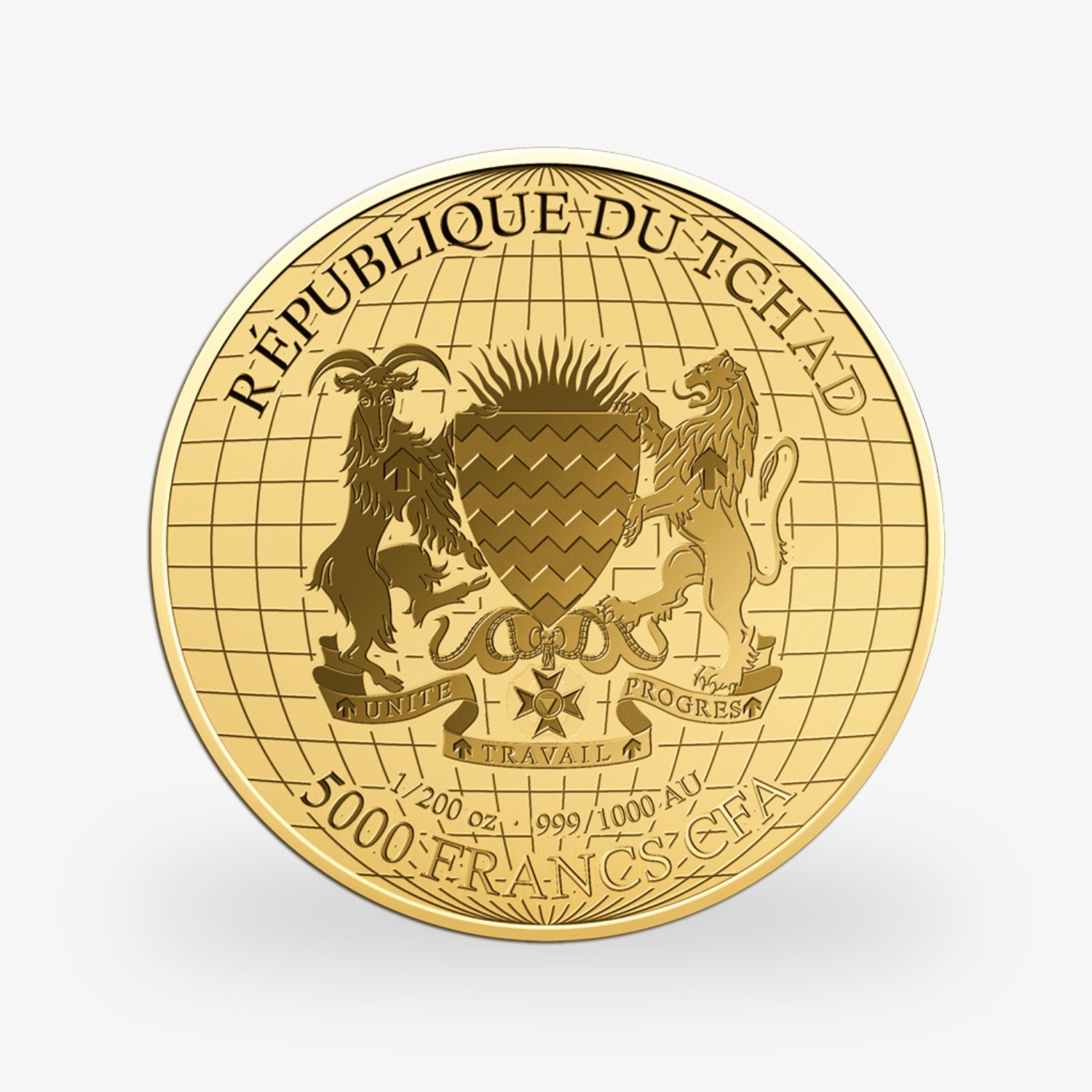 Goldene Münze der Republik Tschad mit Wappen und Aufschrift "5000 Francs CFA".