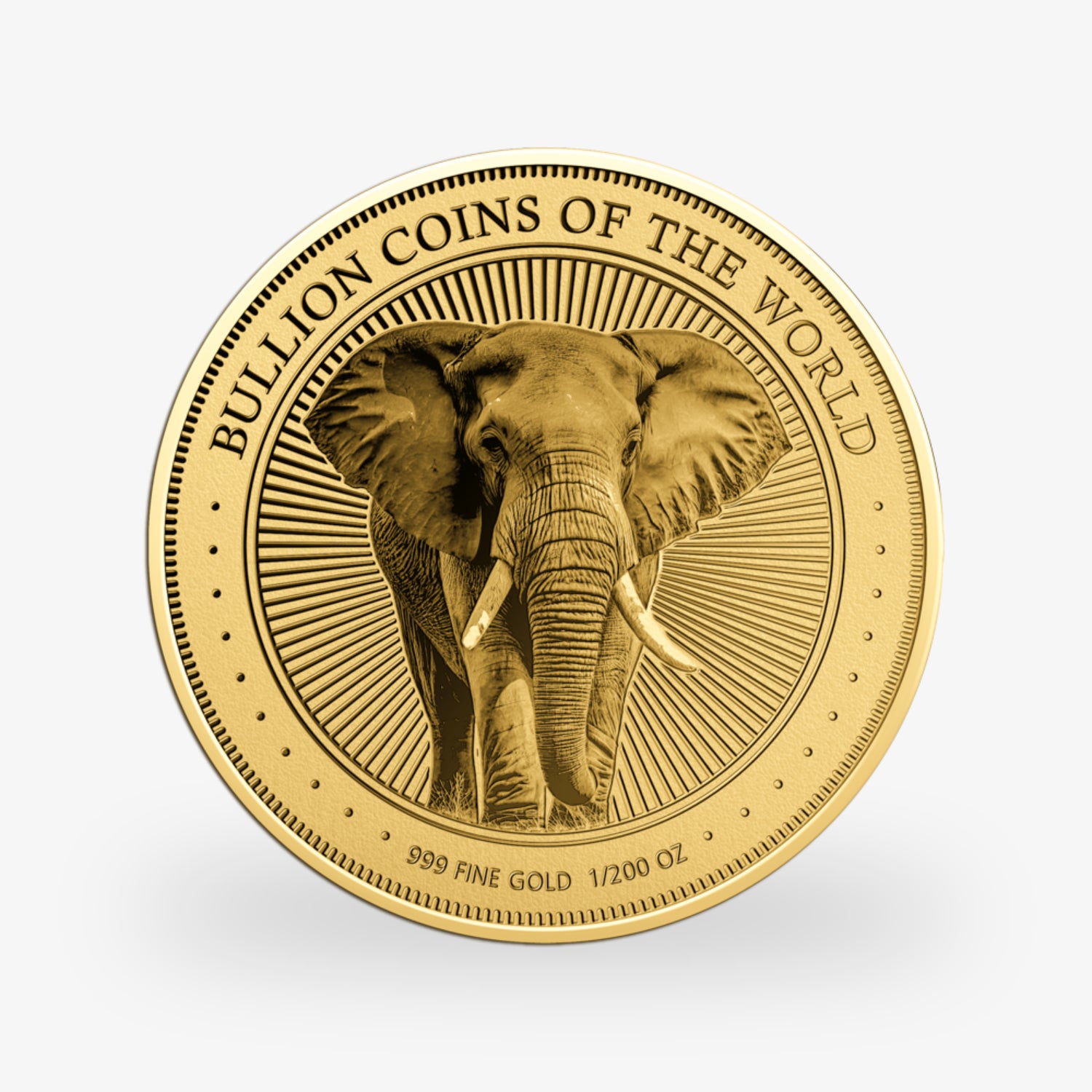 Goldene Münze mit Elefantensymbol und den Aufschriften "Bullion Coins of the World" und "999 Fine Gold 1/200 oz".