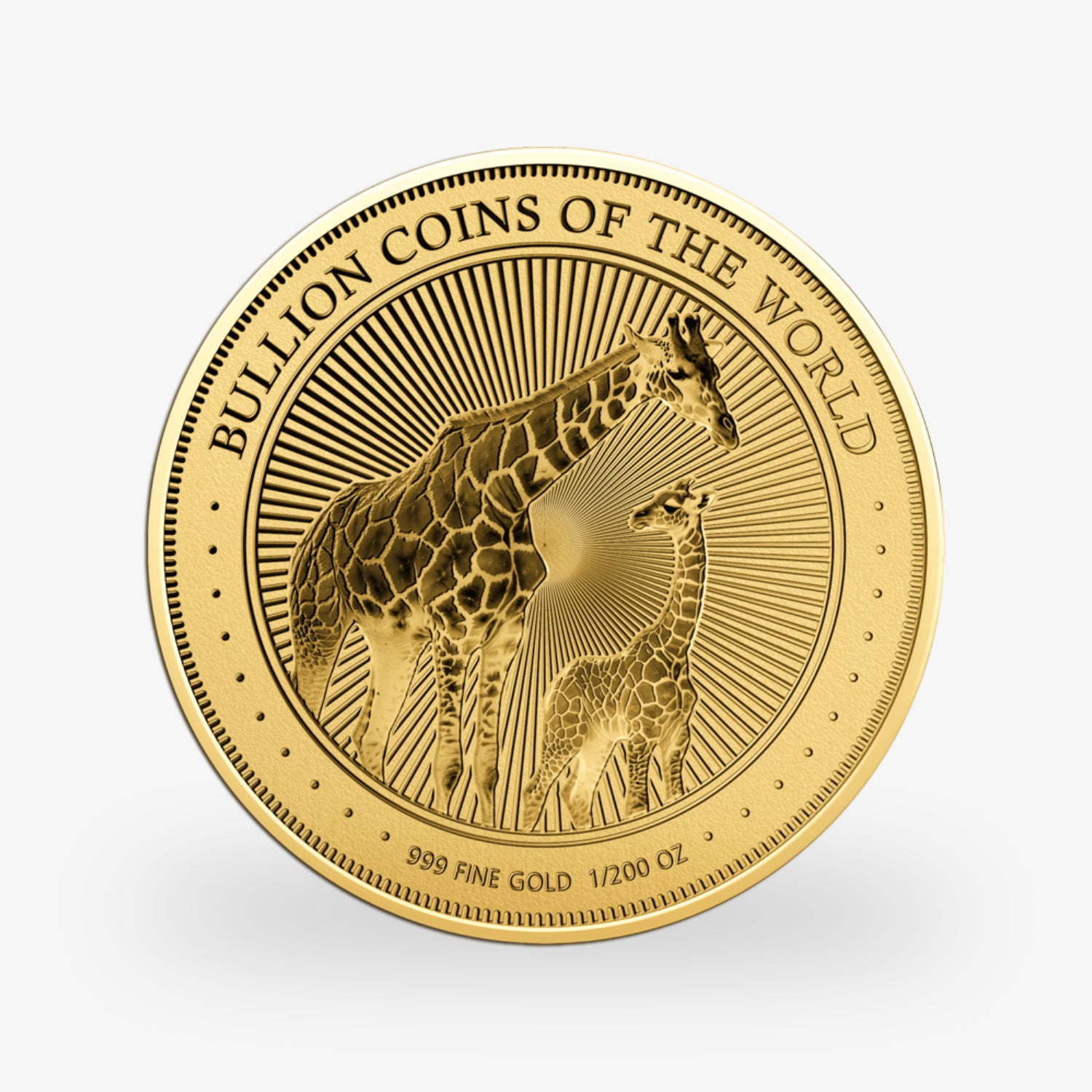 Goldene Münze mit Giraffenmotiv und Aufschrift "BULLION COINS OF THE WORLD", "999 FINE GOLD 1/200 OZ".
