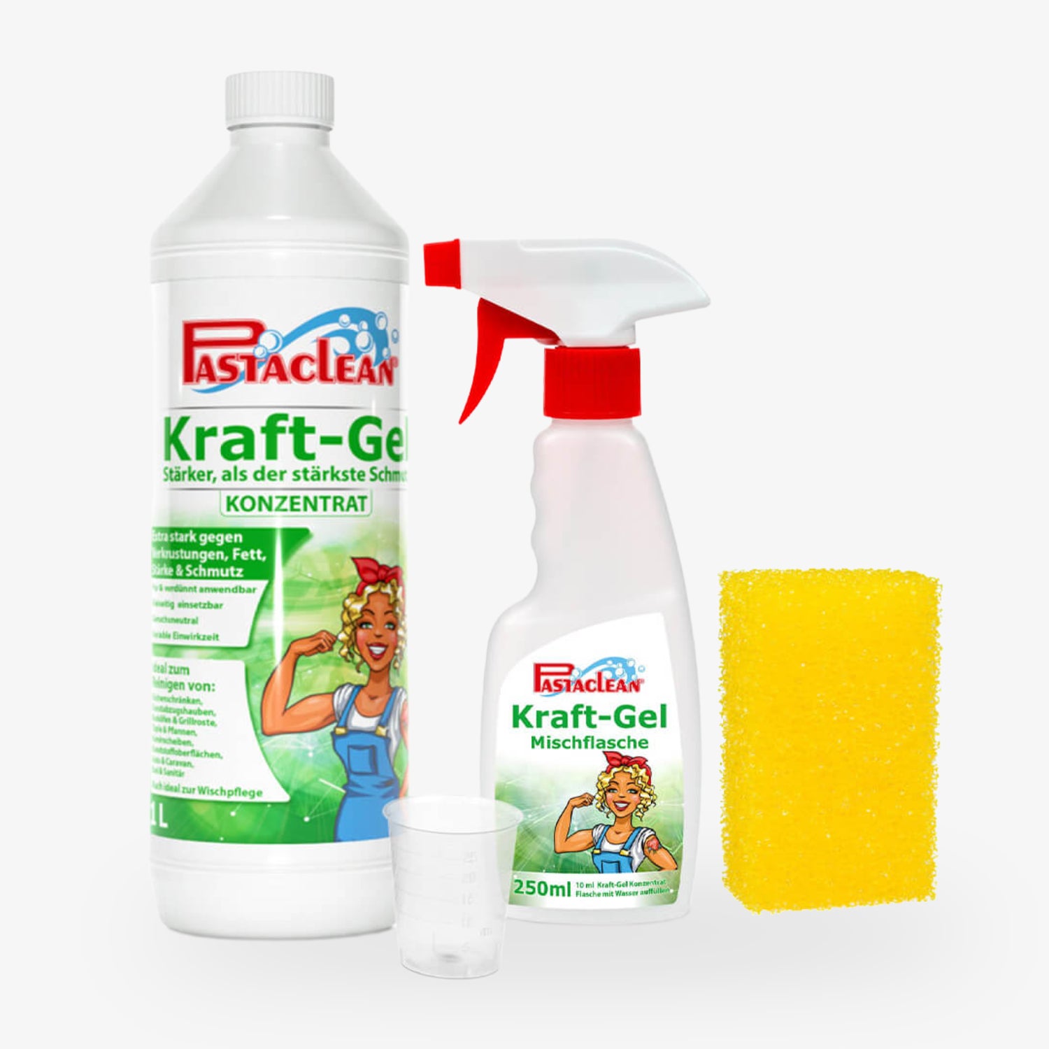 Flasche und Sprühflasche mit PastiClean Kraft-Gel, Messbecher, und gelber Schwamm auf weißem Hintergrund.