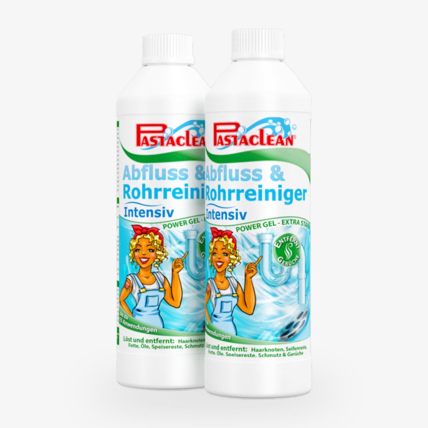 Zwei Flaschen Pastaclean Abfluss- und Rohrreiniger Intensiv mit Comicfigur und Rohrmotiv auf dem Etikett.