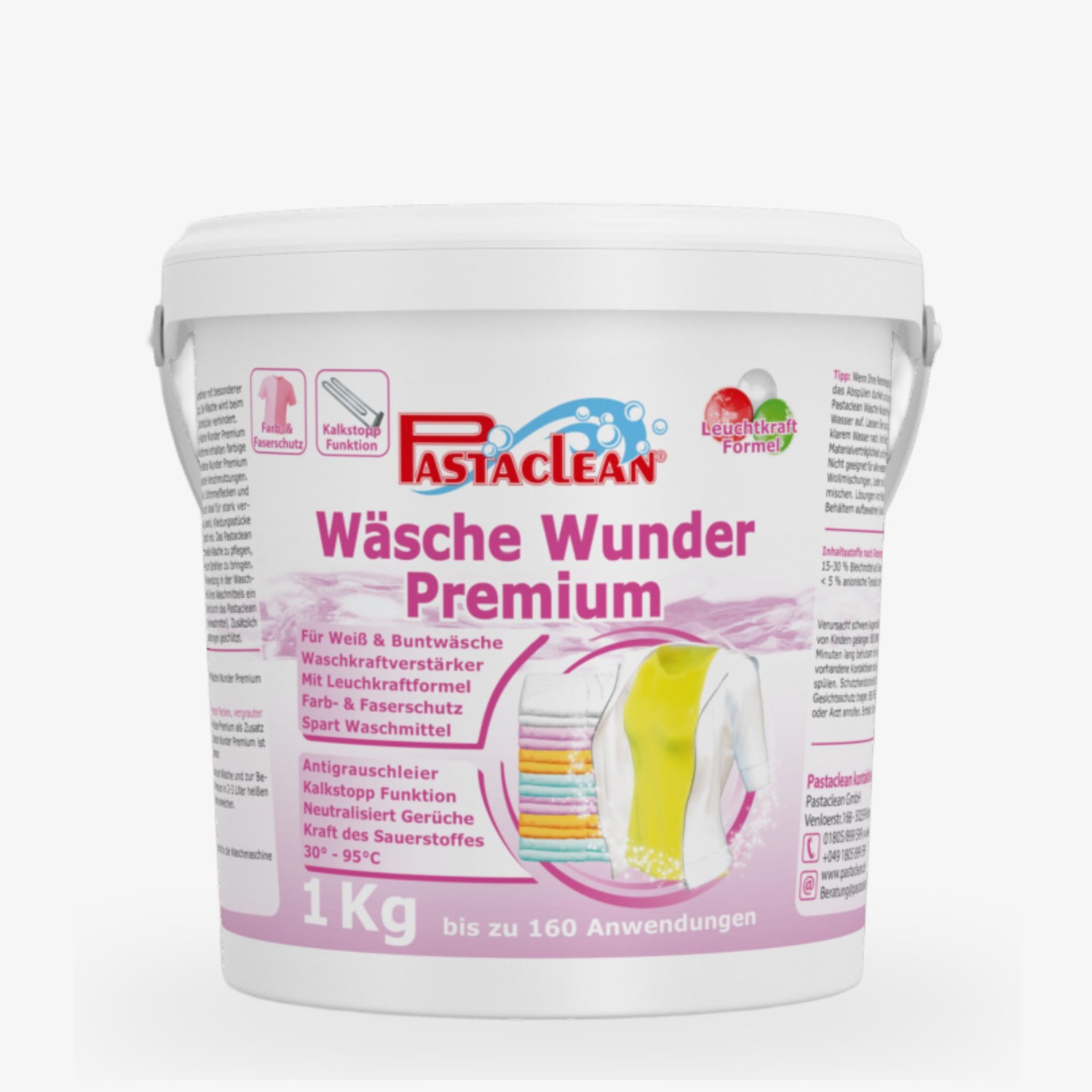 Behälter mit Pastaclean Wäsche Wunder Premium Waschmittel, 1 kg, für bis zu 160 Anwendungen.