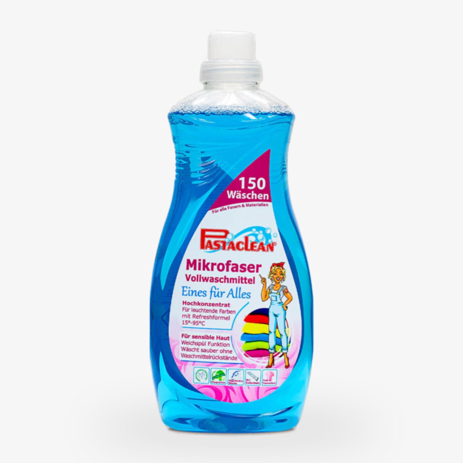 Blaue Flasche Fastaclean Mikrofaservollwaschmittel mit gelbem, pinkem und violettem Etikett, geeignet für 150 Wäschen.
