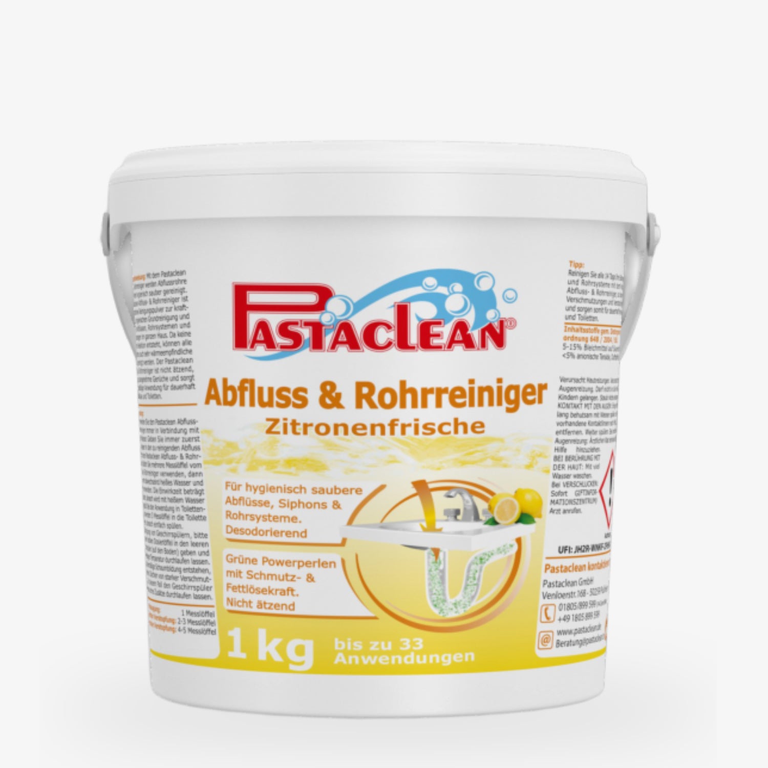 Eimer Pastaclean Abfluss- und Rohrreiniger mit Zitronenfrische, 1 kg, bis zu 33 Anwendungen.
