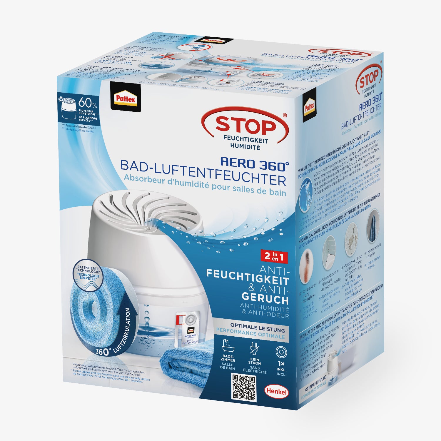 Pattex AERO 360° deumidificatore per il bagno, deumidificatore per ambienti per un'efficace circolazione dell'aria, ambienti che riduce l'umidità in eccesso, 1 dispositivo incl. 1 scheda di ricarica