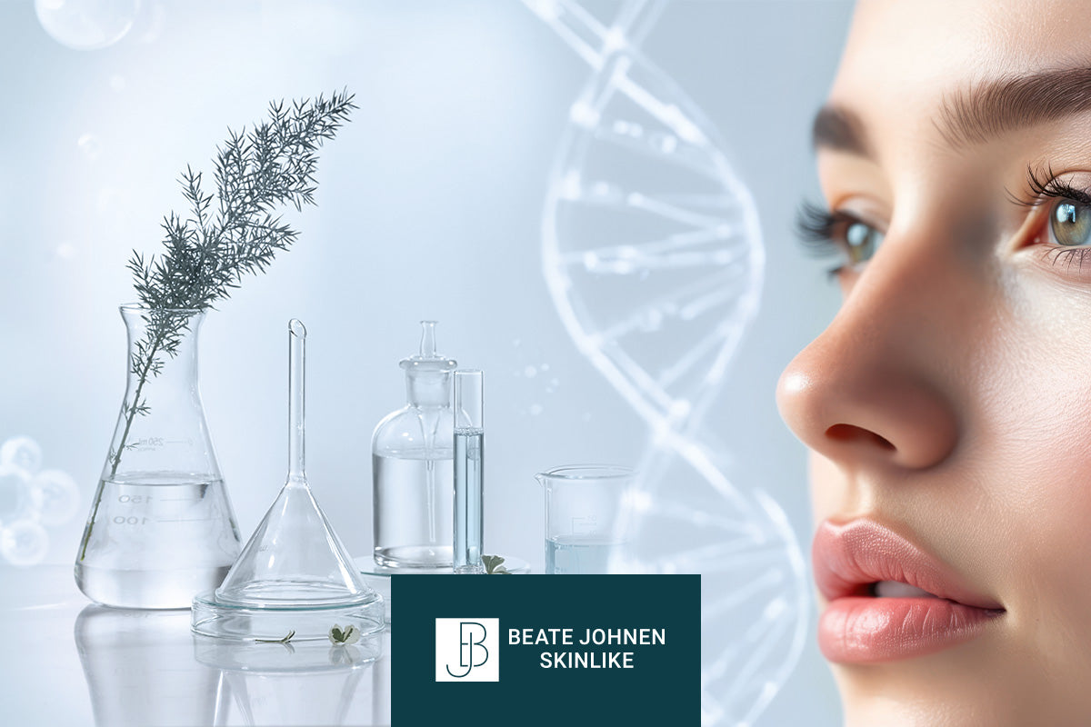 Nahaufnahme eines Gesichts neben Laborgeräten und einem transparenten DNA-Strang auf einem hellen Hintergrund.