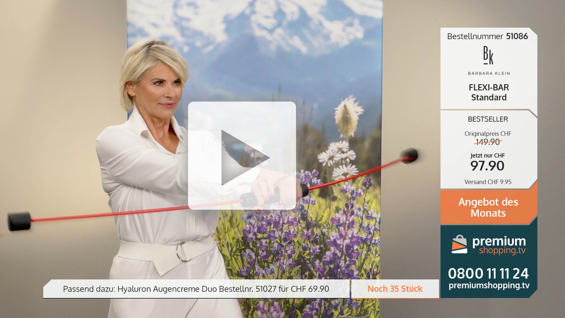 Frau trainiert mit Flexi-Bar vor Bergkulisse; Text beschreibt Produktangebot und reduzierten Preis bei premiumshopping.tv.